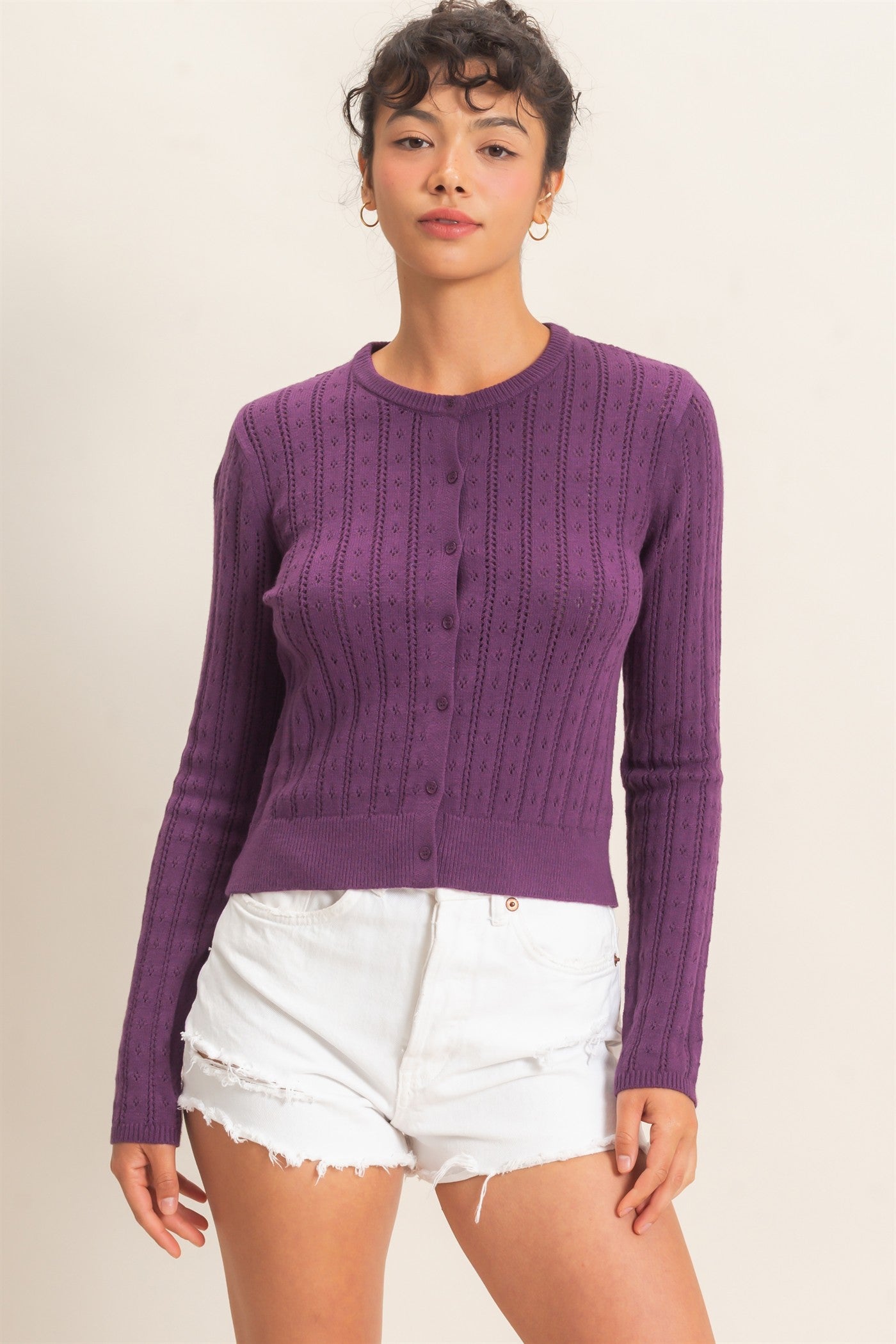 Wholesale Pointelle Button-Down Cardigan Cardigans DZ26E302 PLUM DOUBLE ZERO