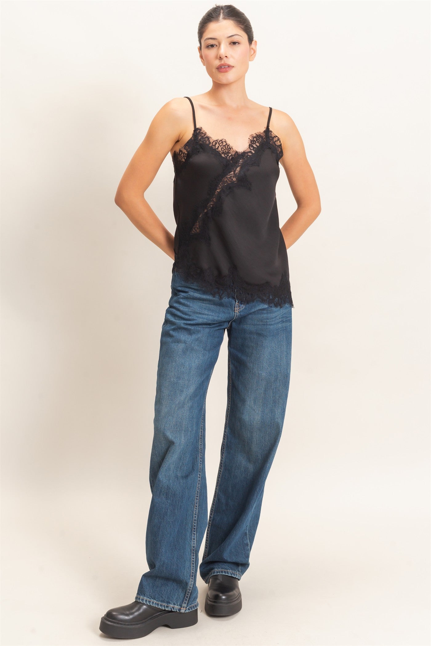 Wholesale Asymmetrical Satin Lace Top Camisoles HF26C945-D BLACK HYFVE