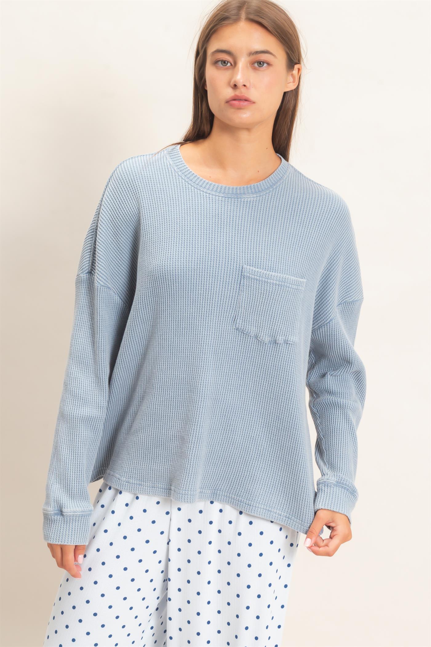 Wholesale Mineral Wash Waffle Long Sleeve Top Clothing Tops DZ26F242 DUSTY BLUE DOUBLE ZERO