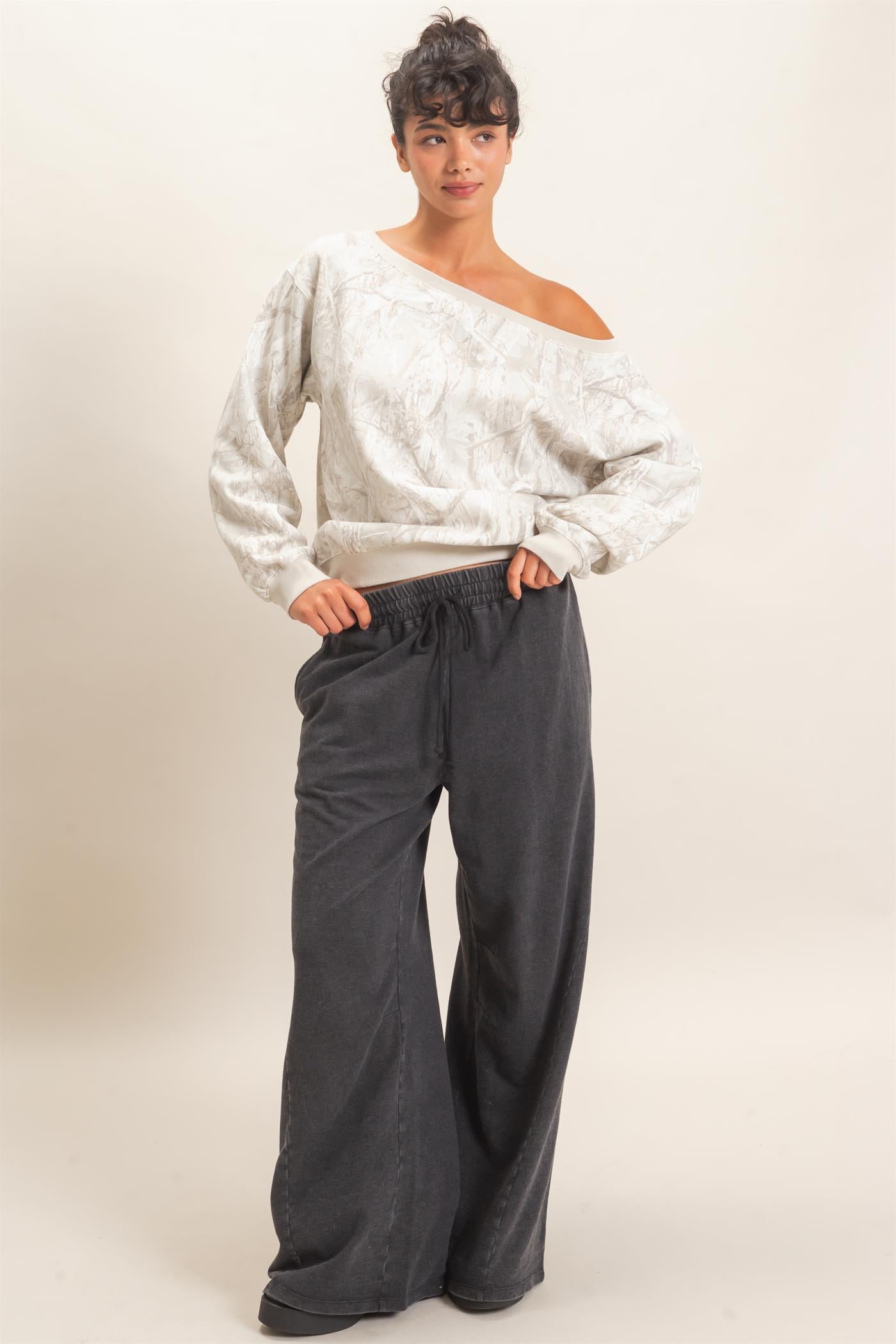 Wholesale Mineral Washed Wide Leg Pants Pants DZ26F082 BLACK DOUBLE ZERO