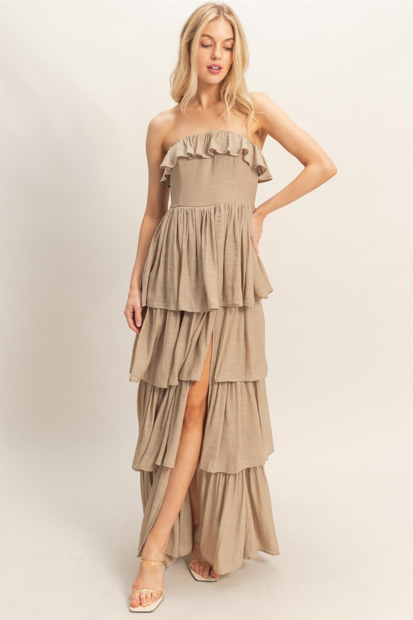 Wholesale Tiered Strapless Ruffle Dress Dresses HF26A616-D TAUPE HYFVE