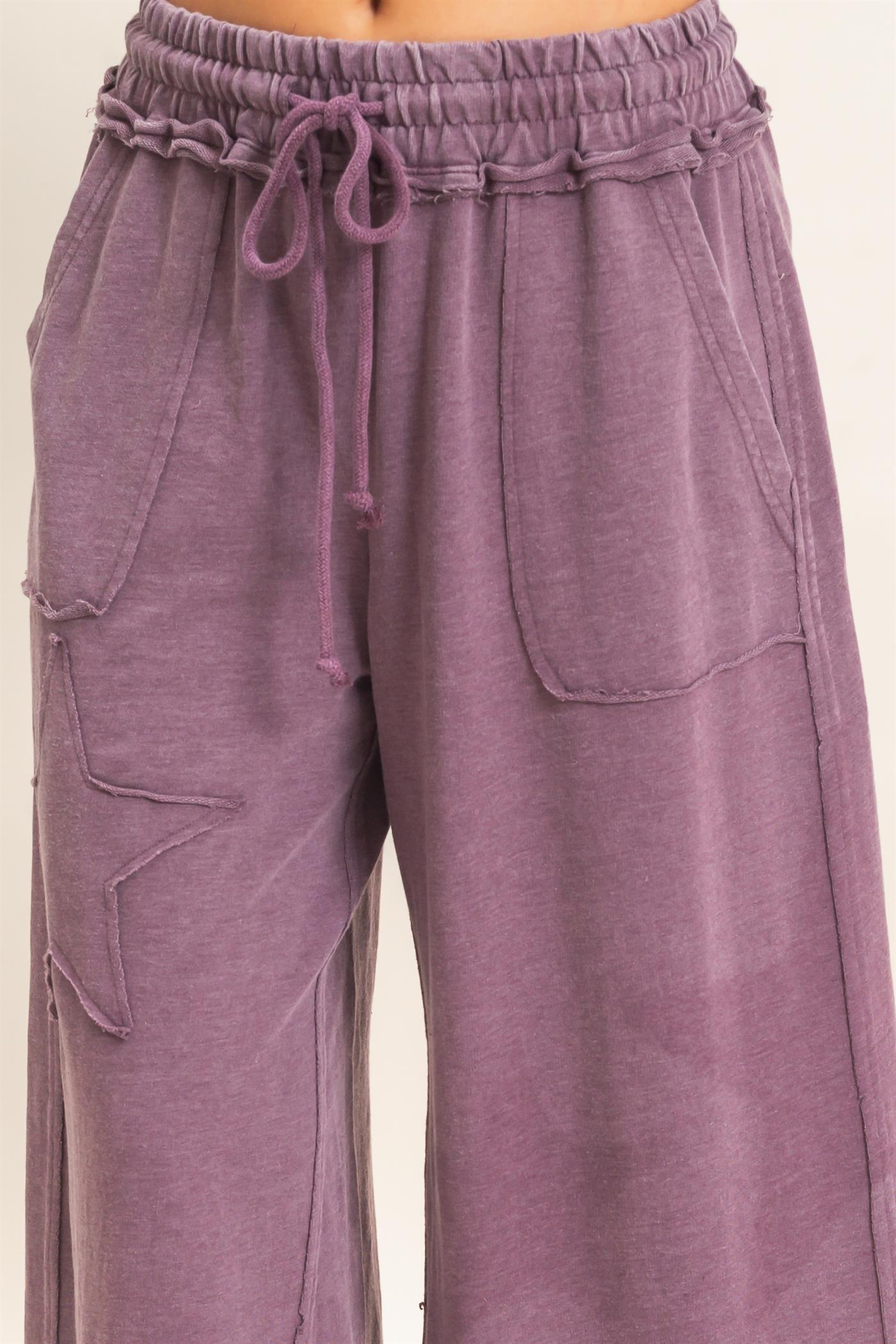 Wholesale Mineral Wash Star Patch And Print Wide Leg Pants Pants DZ26F060 DARK CHERRY DOUBLE ZERO