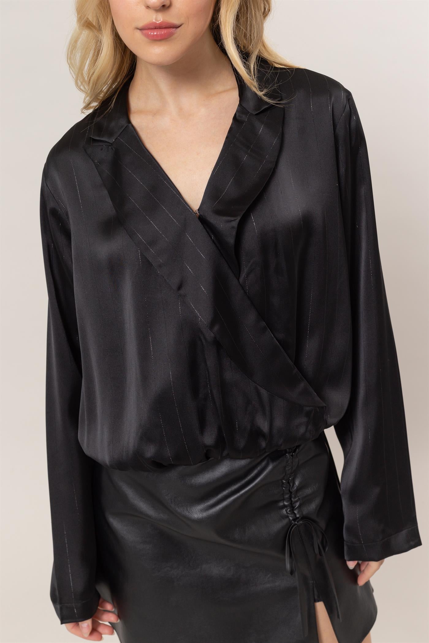Wholesale Sophisticated Lurex Striped Wrap Blouse Clothing Tops HF25C383 BLACK HYFVE