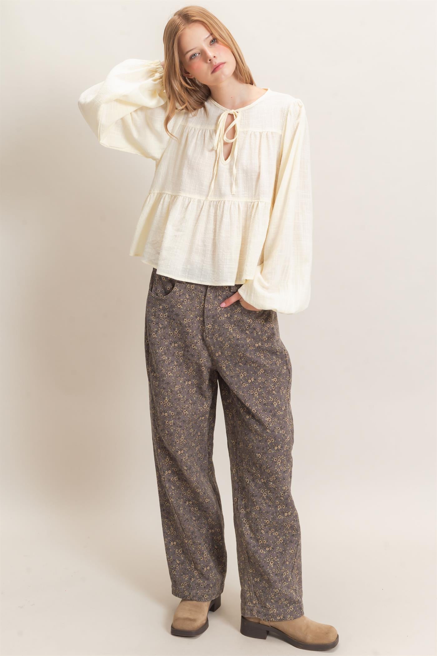Wholesale Floral Print Garment Wash Barrel Pants Pants HF26C840 ASH HYFVE
