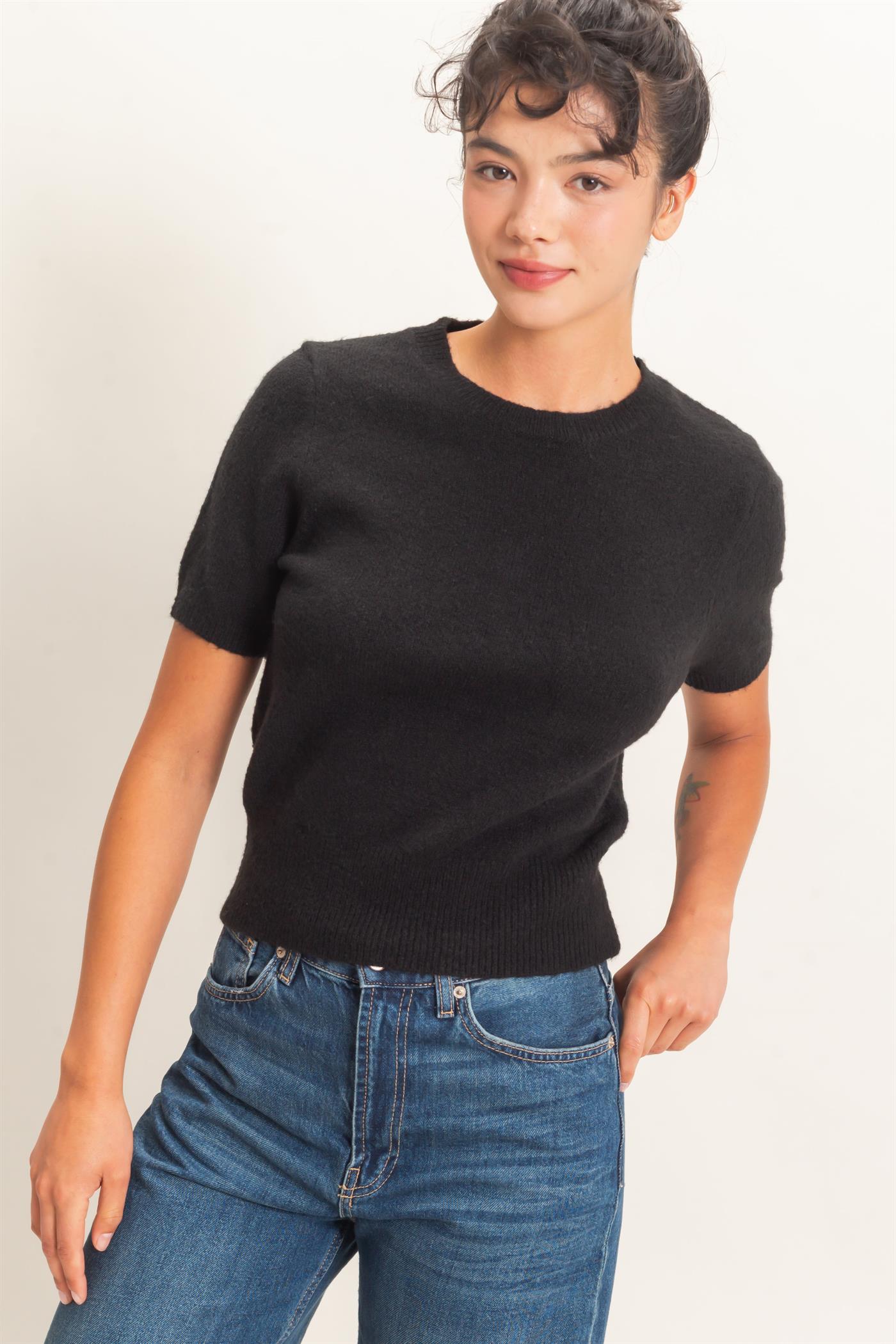 Wholesale Crew Neck Short Sleeve Knit Top Clothing Tops DZ26E944 BLACK DOUBLE ZERO