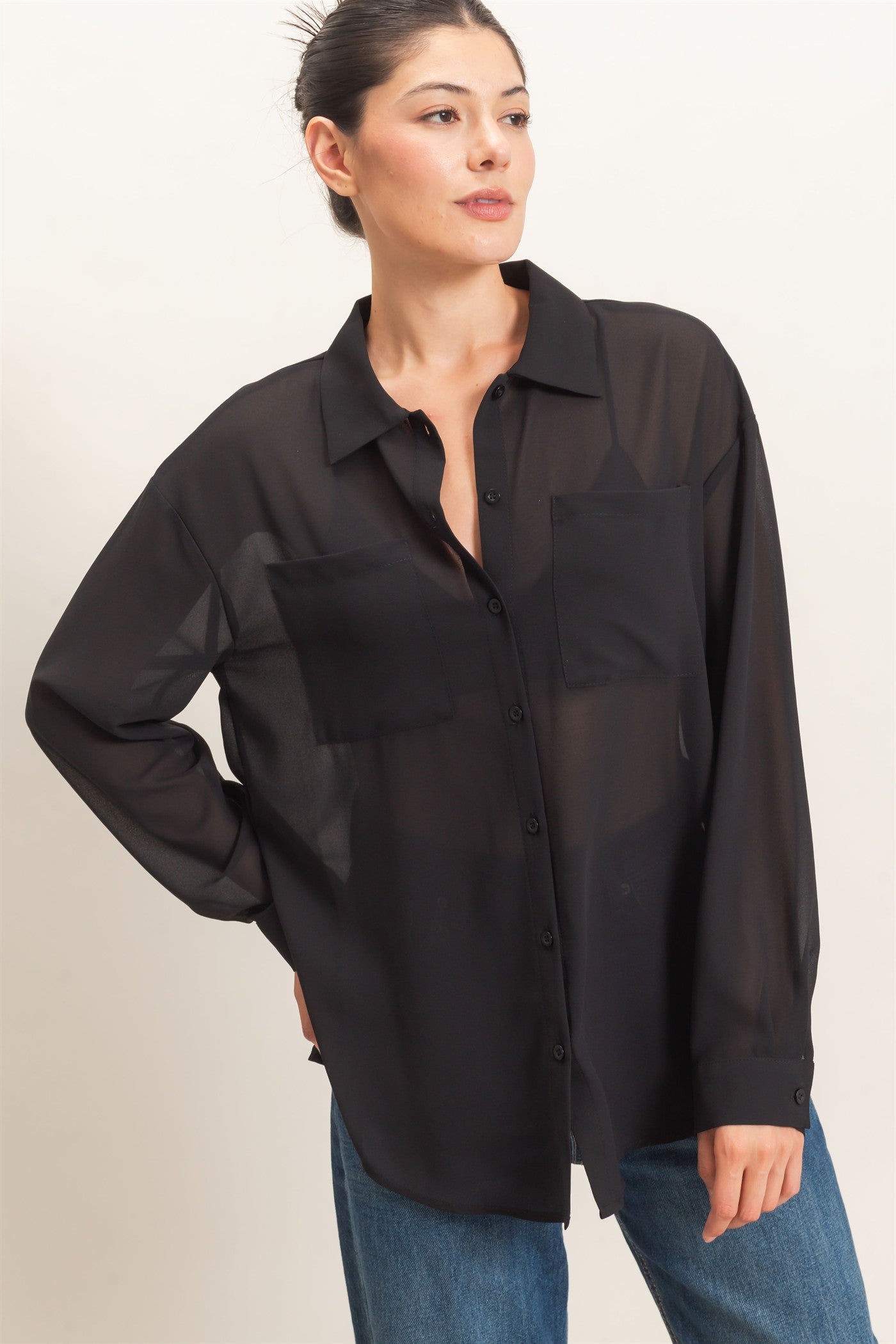 Wholesale Button-Down Collar Blouse Shirts HF26F067 BLACK HYFVE