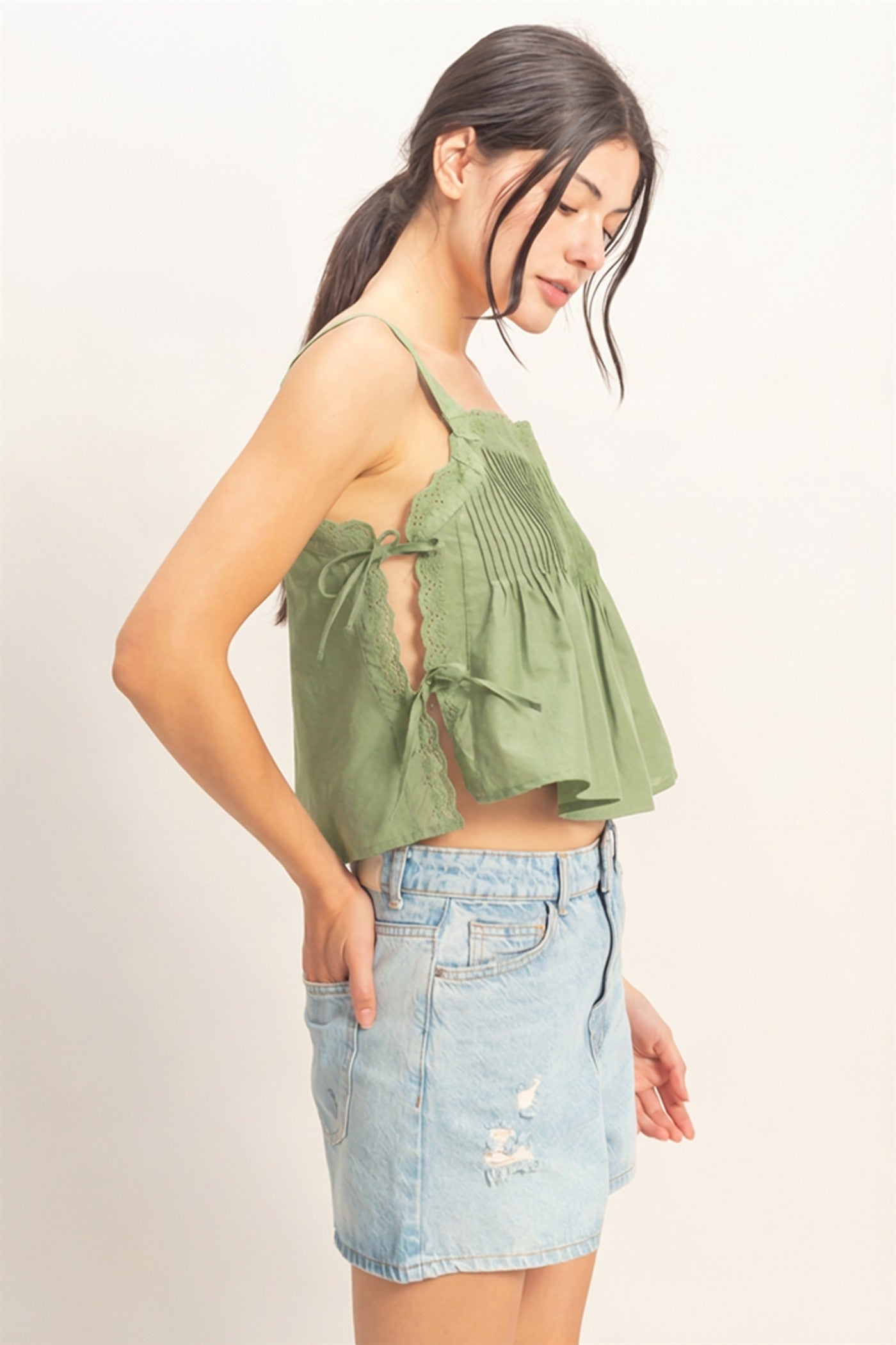 Wholesale Pleated Lace Trim Tank Tank Tops HF26C271 LIGHT OLIVE HYFVE