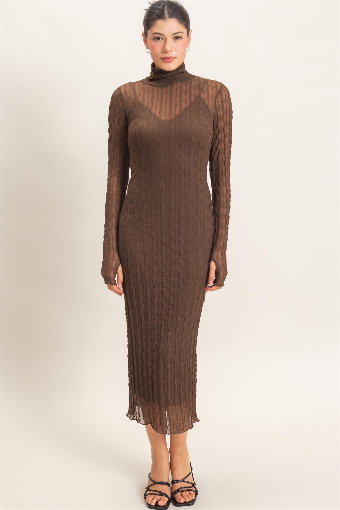 Wholesale Mesh Knit Maxi Dress Dresses HF26C890 BROWN HYFVE