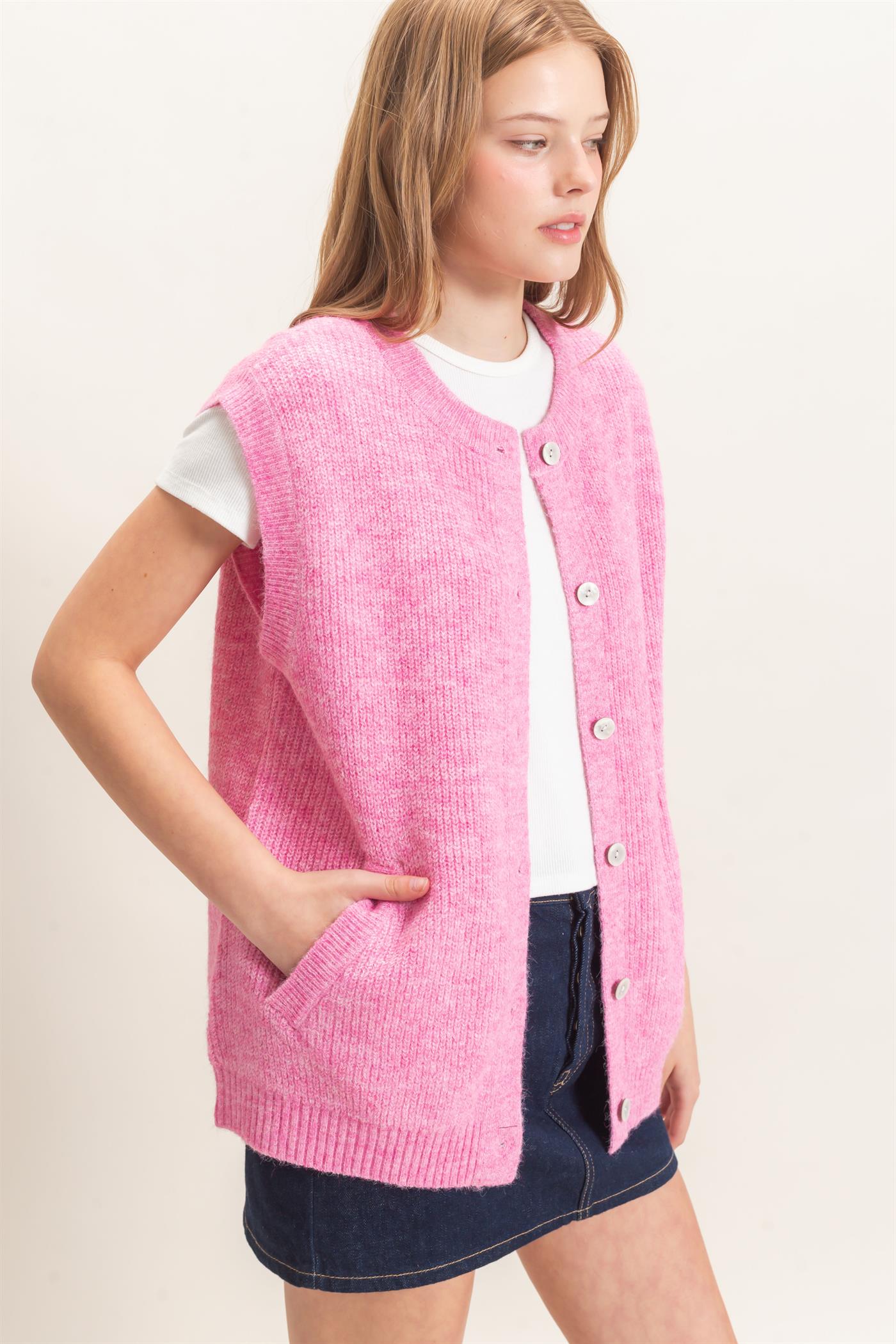 Wholesale Sleeveless Button-Up Sweater Vest Sweaters HF26E304 SOFT PINK HYFVE