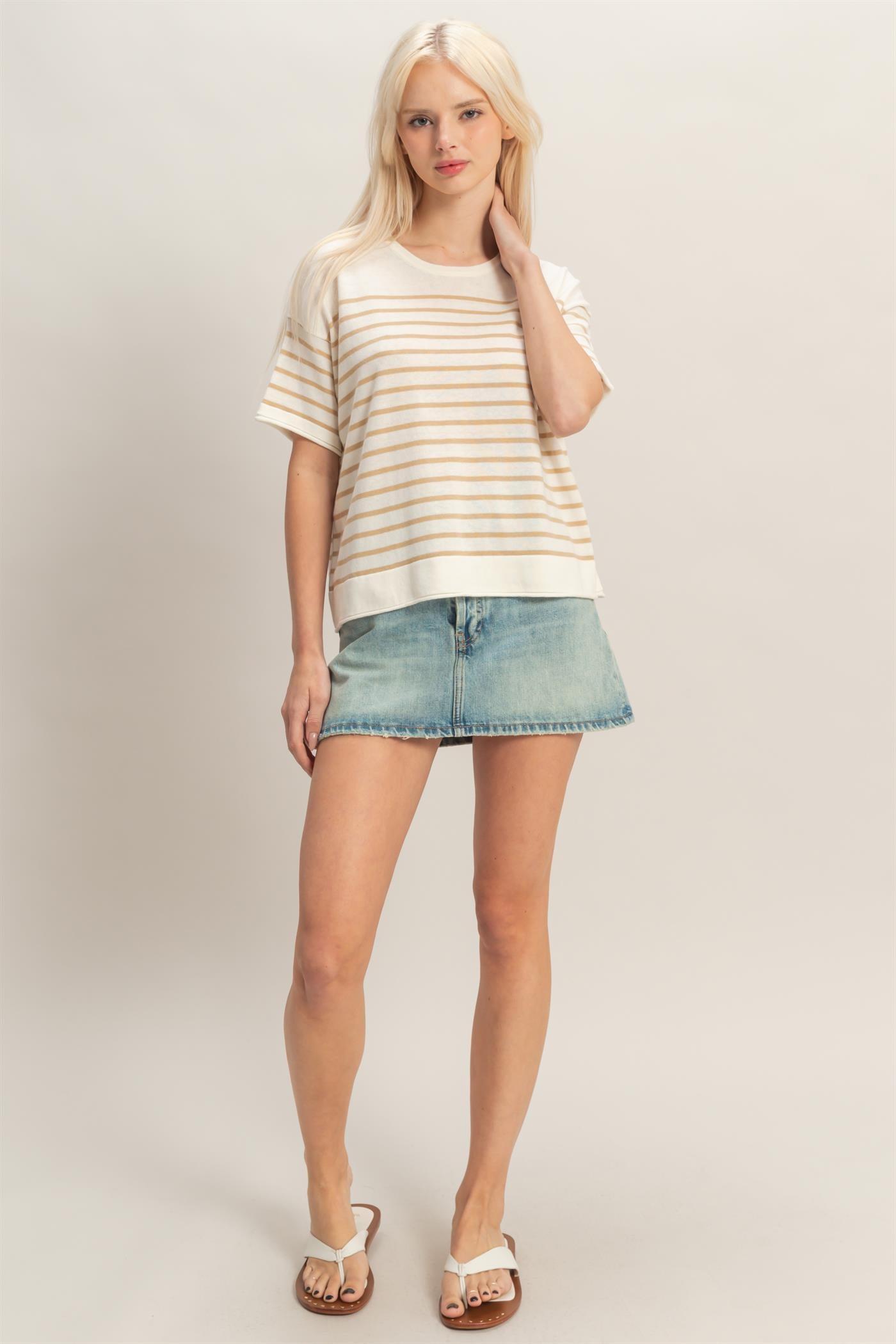 Wholesale Striped Short Sleeve Knit Top Clothing Tops DZ26A838 TAUPE DOUBLE ZERO