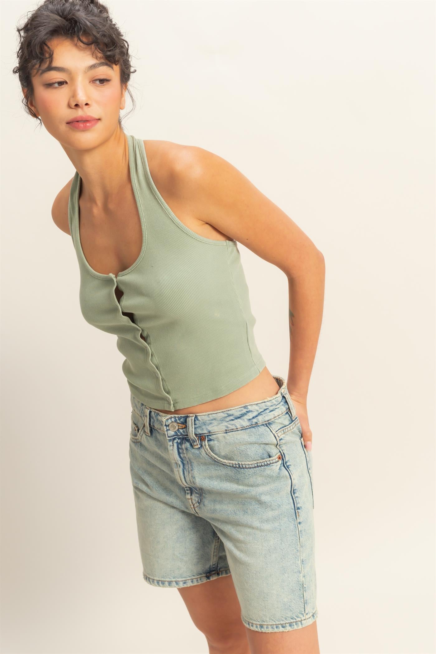 Wholesale Halter Neck Buttoned Washed Tank Top Clothing Tops DZ25A293 SAGE GREEN DOUBLE ZERO