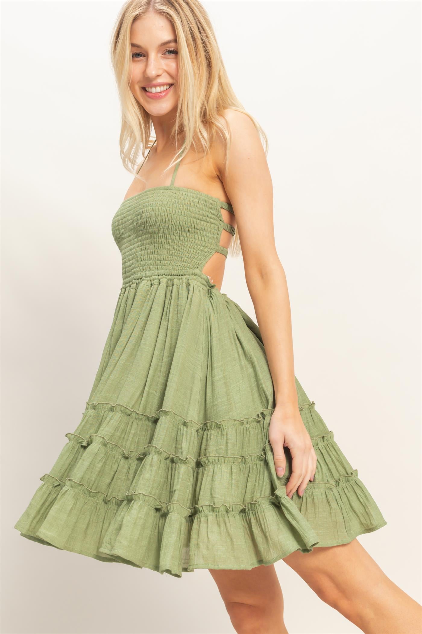 Wholesale Smocked Tiered Midi Dress Dresses HF26C299-D LIGHT OLIVE HYFVE