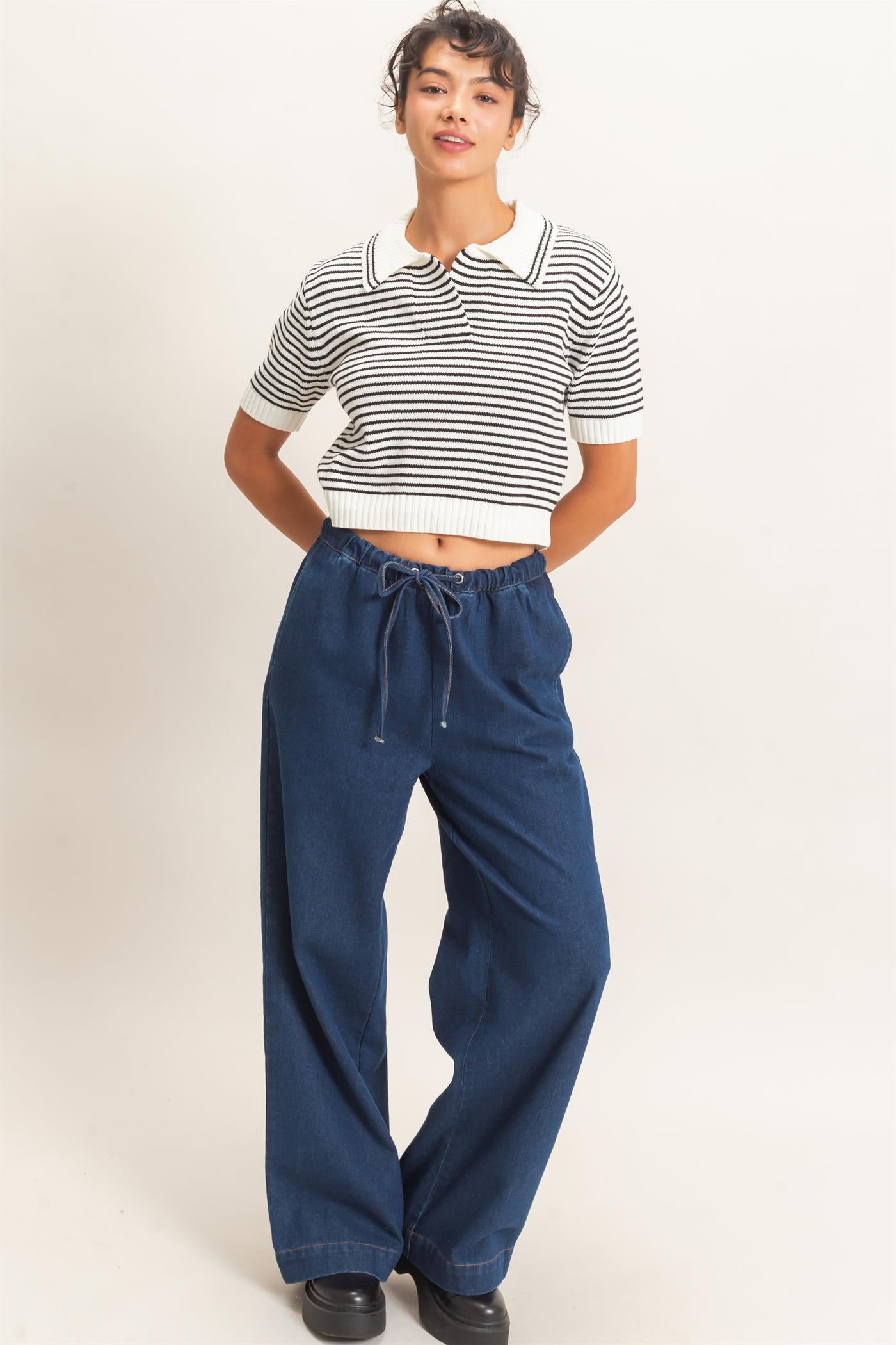 Wholesale Striped Short Sleeve Collar Knit Top Clothing Tops DZ26E261 CREAM DOUBLE ZERO