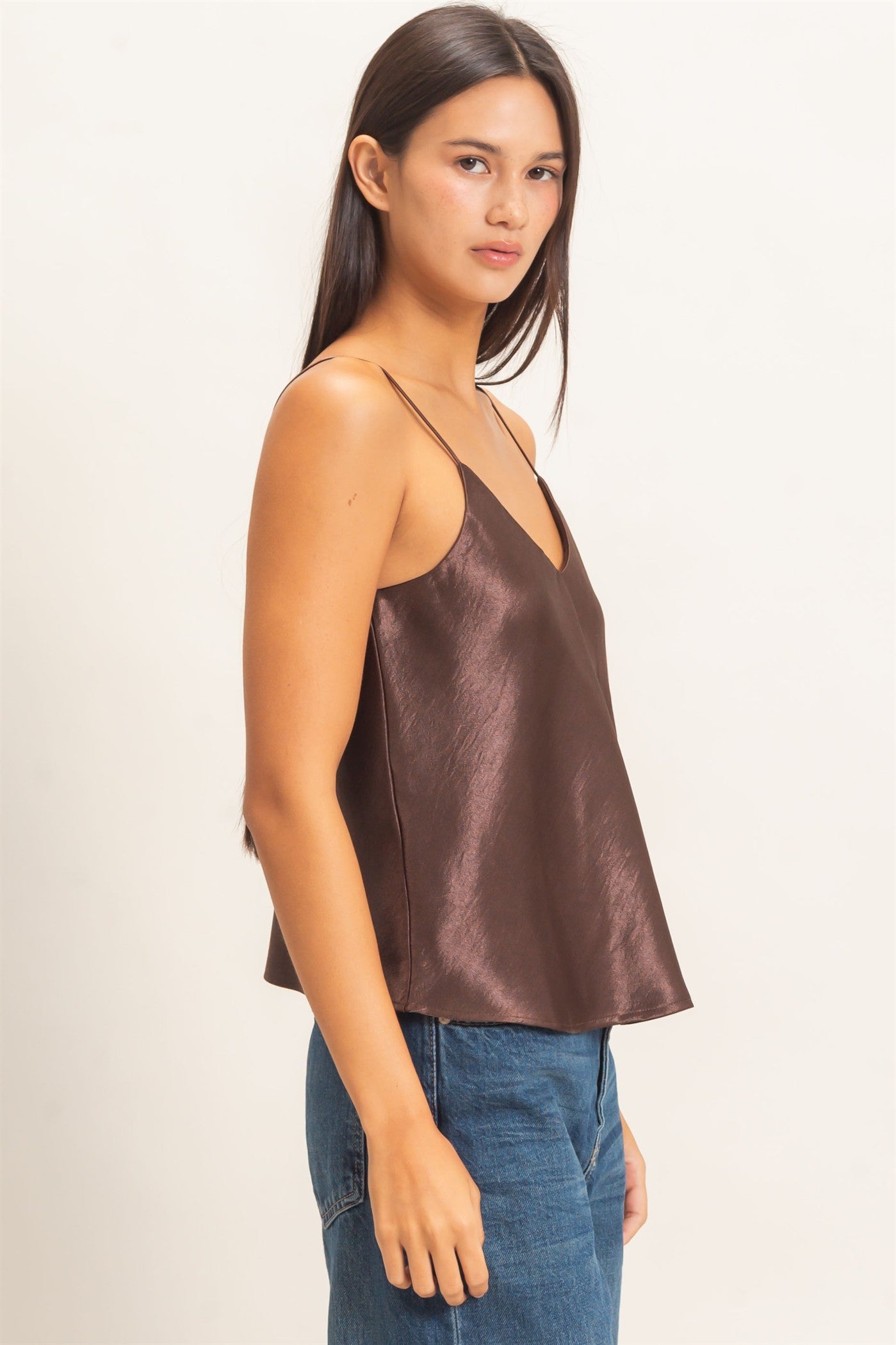 Wholesale V-Neck Satin Cami Top Camisoles DZ26C976 DARK BROWN DOUBLE ZERO