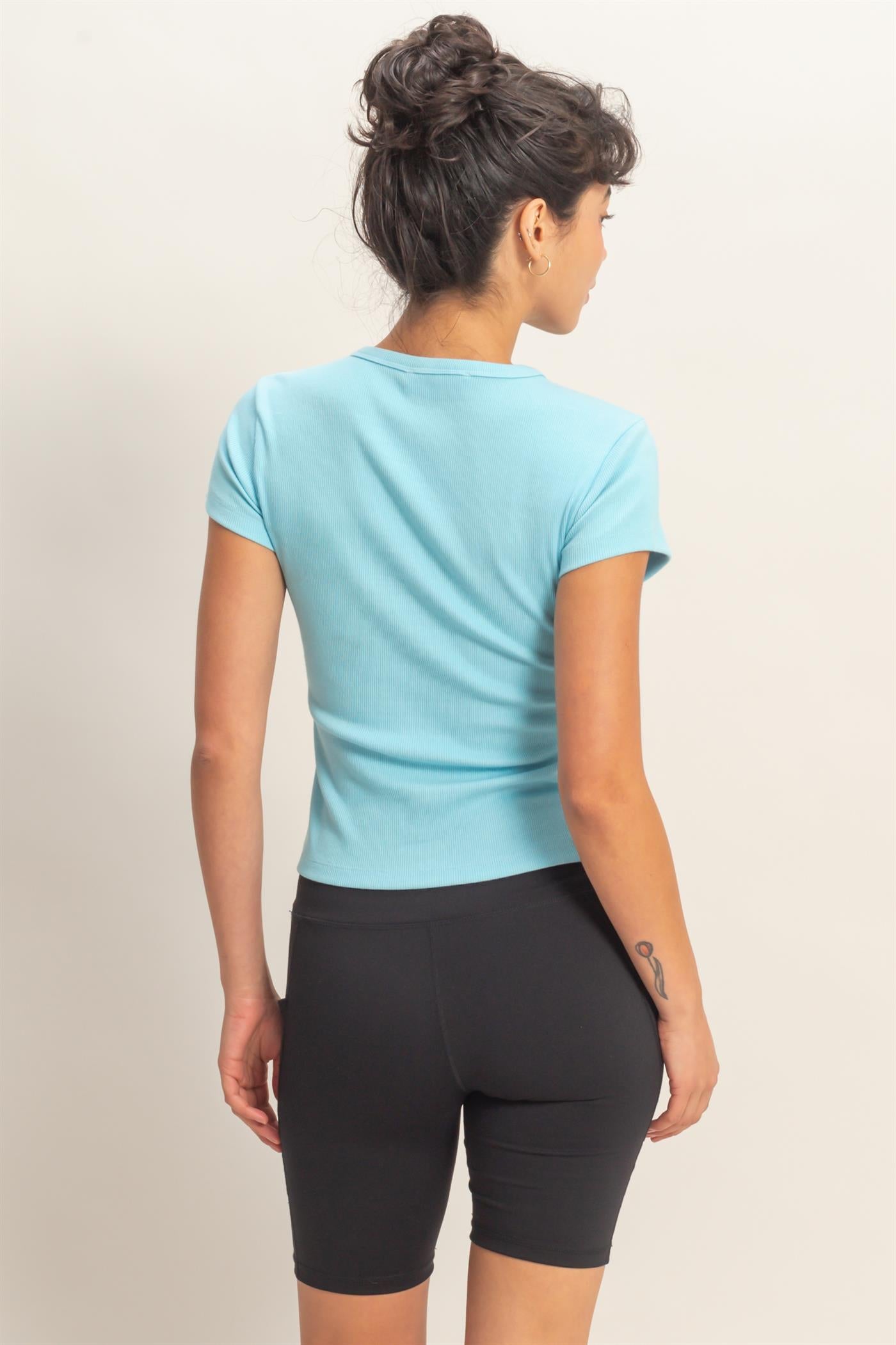 Wholesale Basic Ribbed Short Sleeve Top Clothing Tops DZ26A137 BLUE DOUBLE ZERO