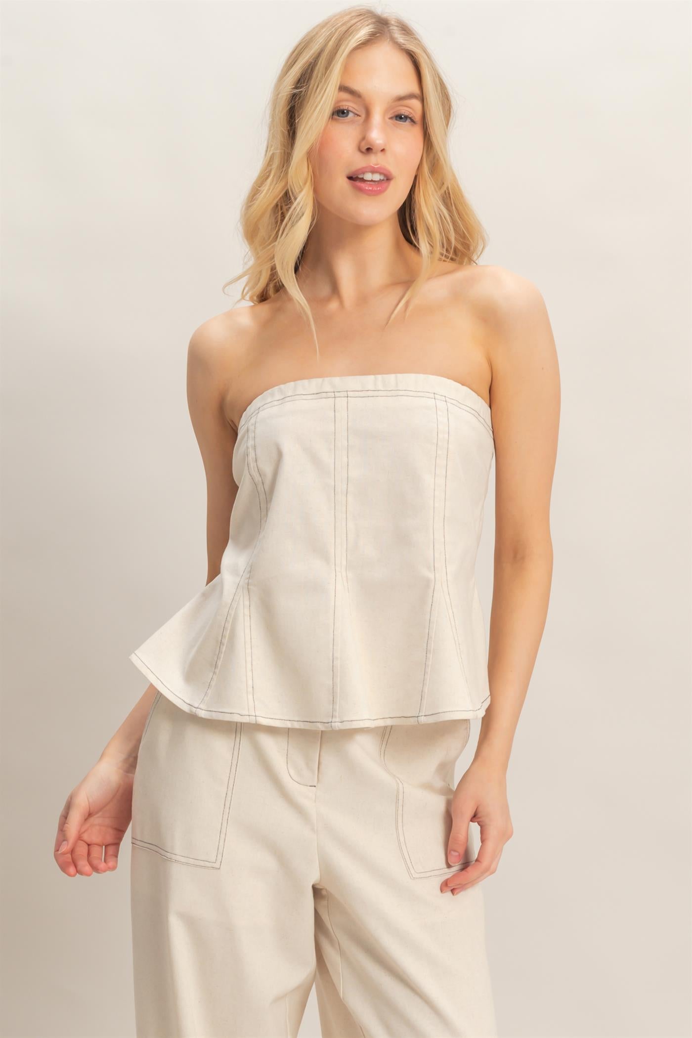 Wholesale Peplum Tube Top Clothing Tops HF26C401 OATMEAL HYFVE