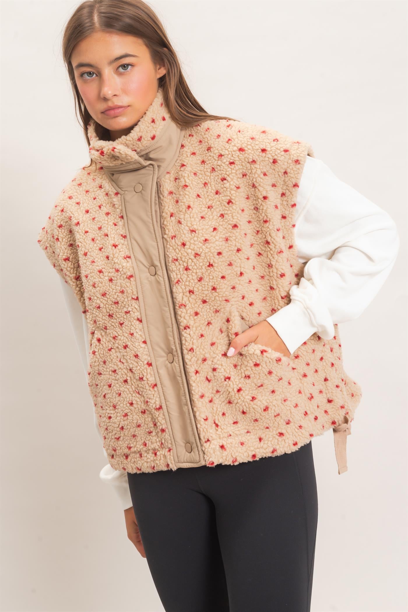 Wholesale Polka Dot Sherpa Vest Outerwear DZ26F260 RED DOUBLE ZERO