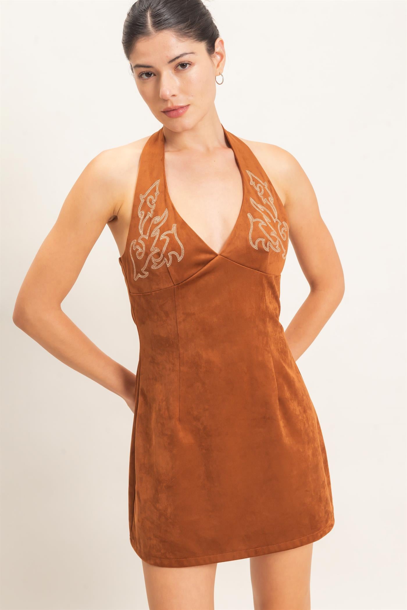 Wholesale Suede V-Neck Halter Dress Dresses HF26E500 BROWN HYFVE