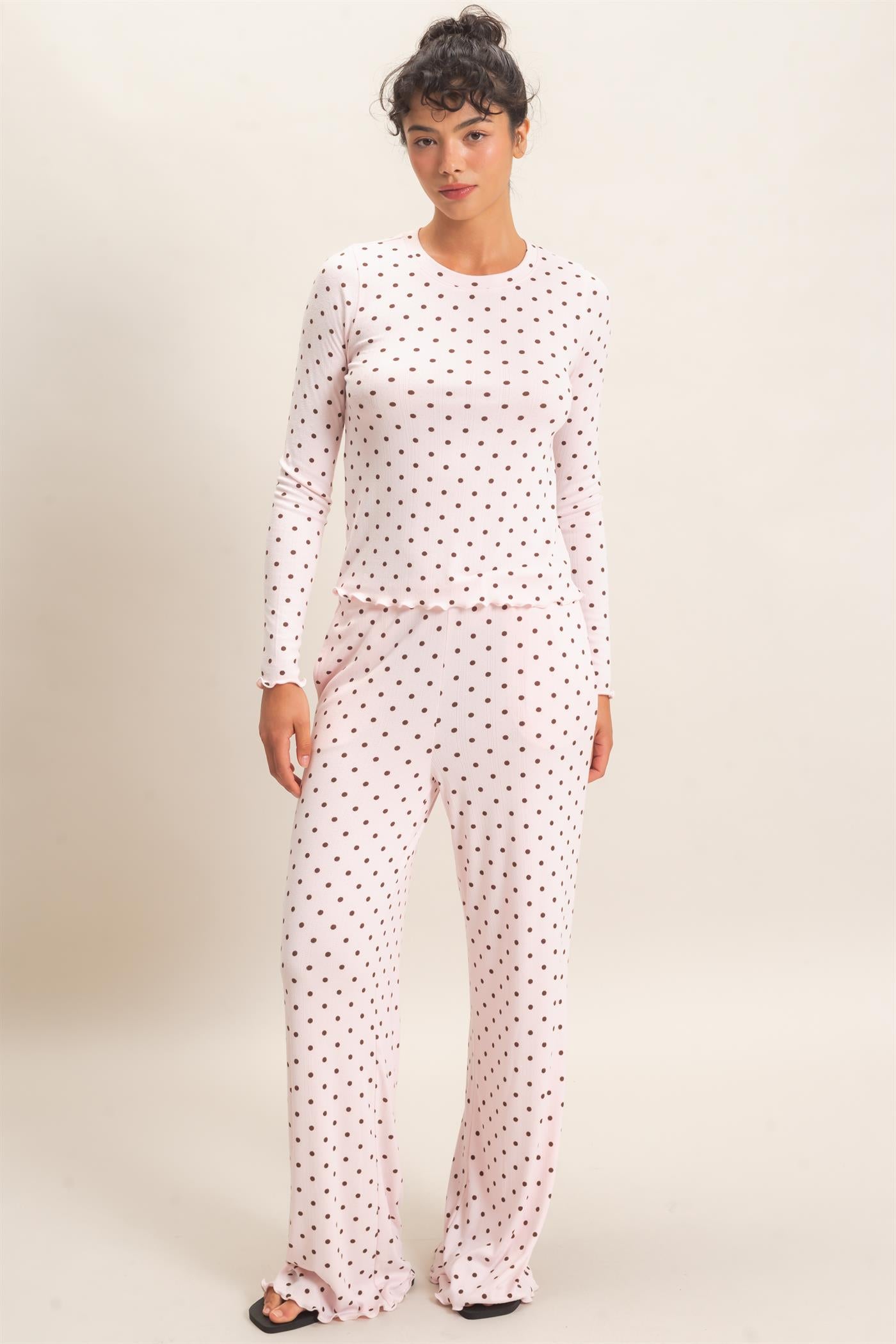 Wholesale Polka Dot Long Sleeve Top & Pants Set Clothing DZ26E914-SET LIGHT PINK DOUBLE ZERO