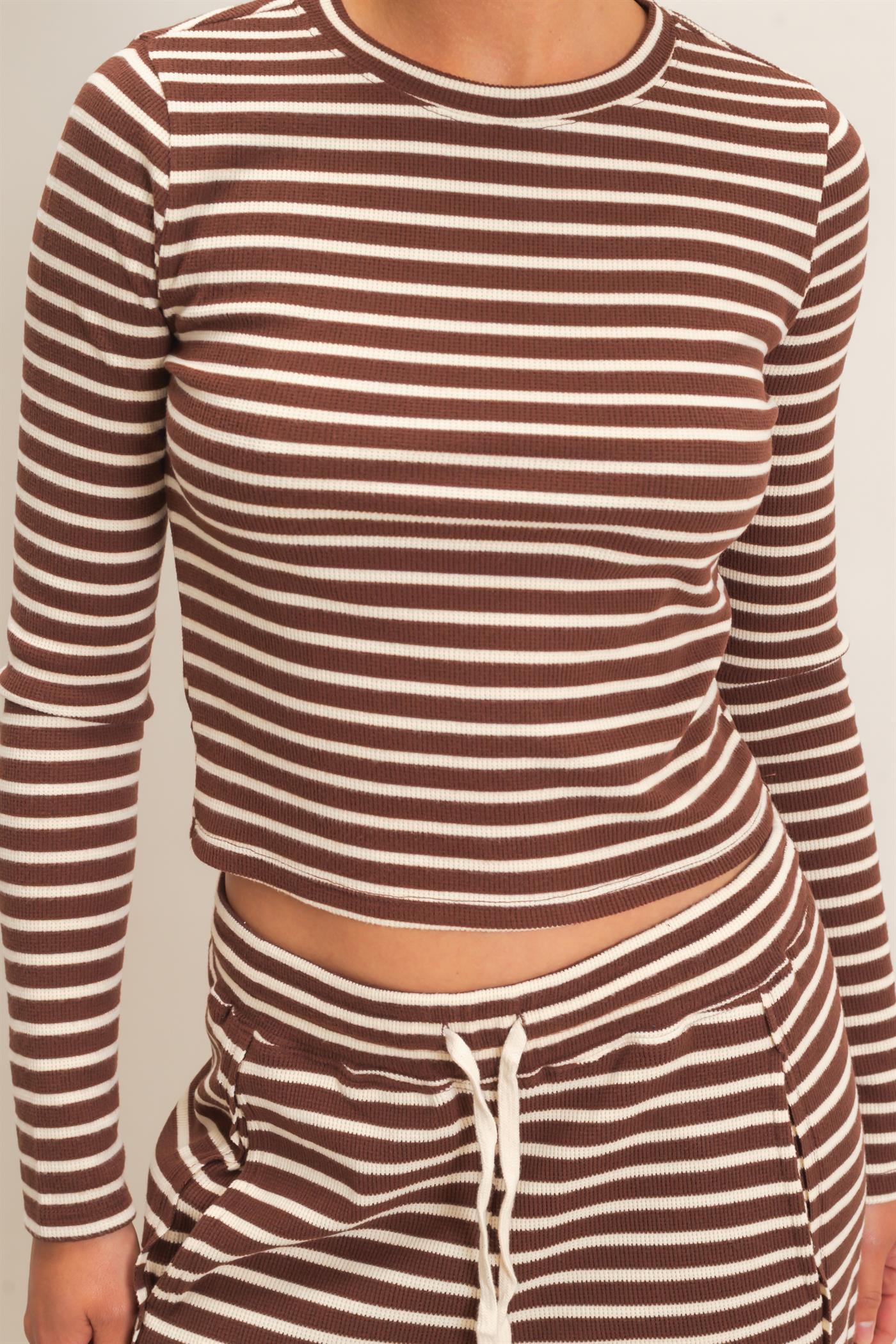 Wholesale Striped Waffle Long Sleeve Top & Pants Set Clothing DZ25F479-SET DARK BROWN DOUBLE ZERO