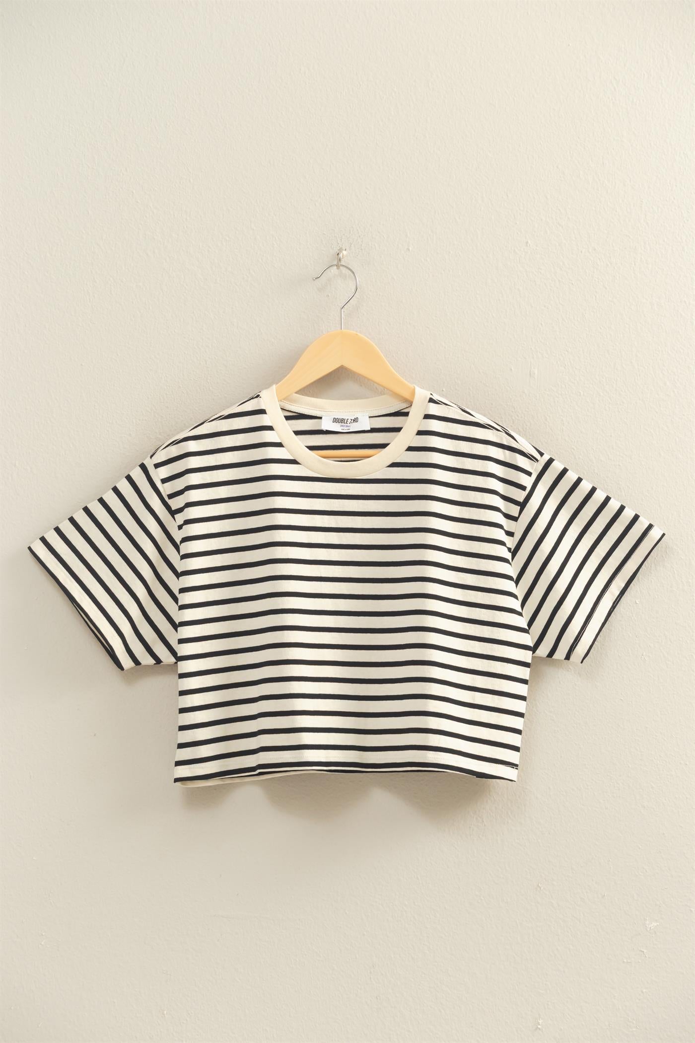 Wholesale Striped Oversized Short Sleeve Cropped Tee Clothing Tops DZ26C023 BLACK DOUBLE ZERO