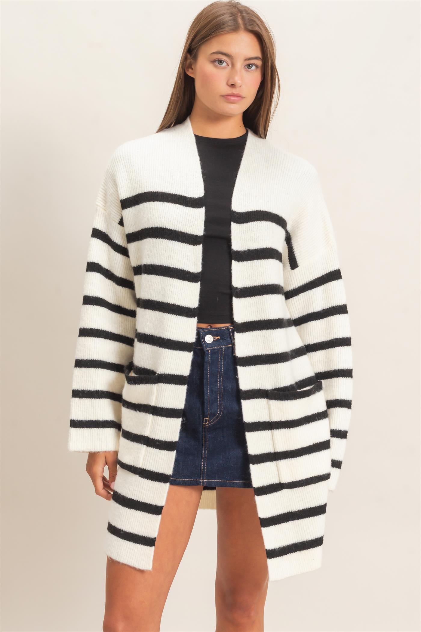 Wholesale Open Front Stripe Cardigan Cardigans DZ26C342 CREAM DOUBLE ZERO