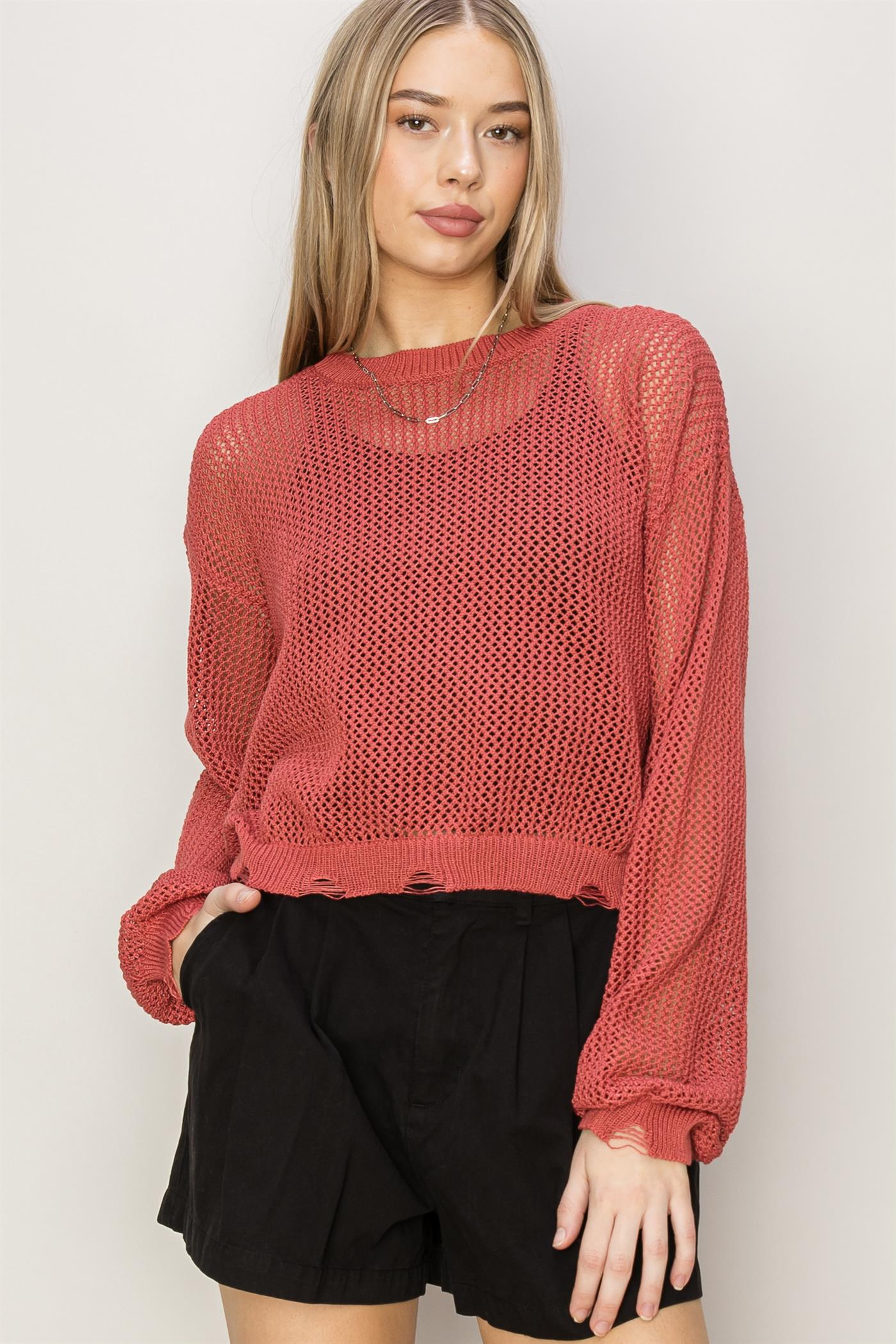 Wholesale Distressed Knit Sweater Clothing Tops DZ24C038 BRICK DOUBLE ZERO