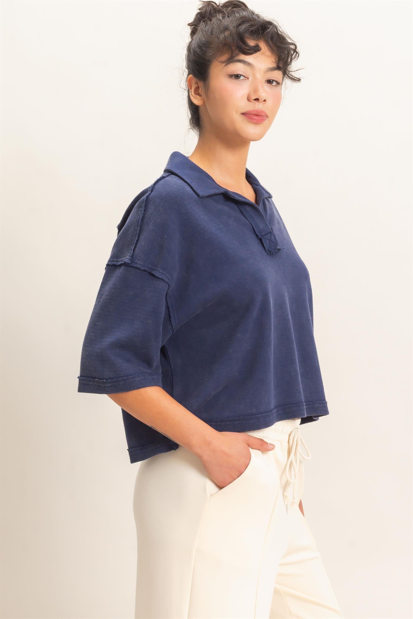 Wholesale Mineral Wash Oversized Collar Short Sleeve Top Clothing Tops DZ26E813 NAVY DOUBLE ZERO