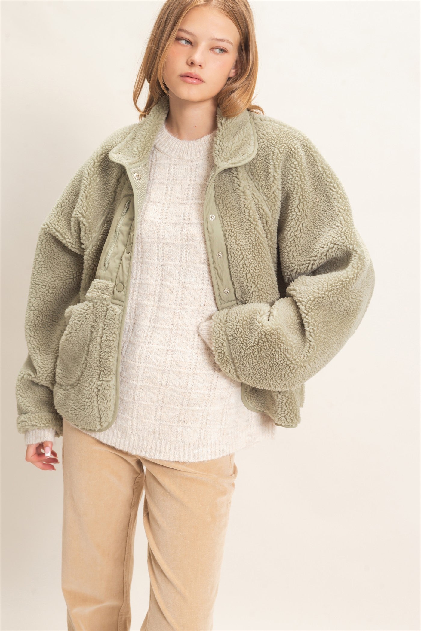 Wholesale Sherpa Fleece Jacket Coats & Jackets HF26E077 SAGE GREEN HYFVE
