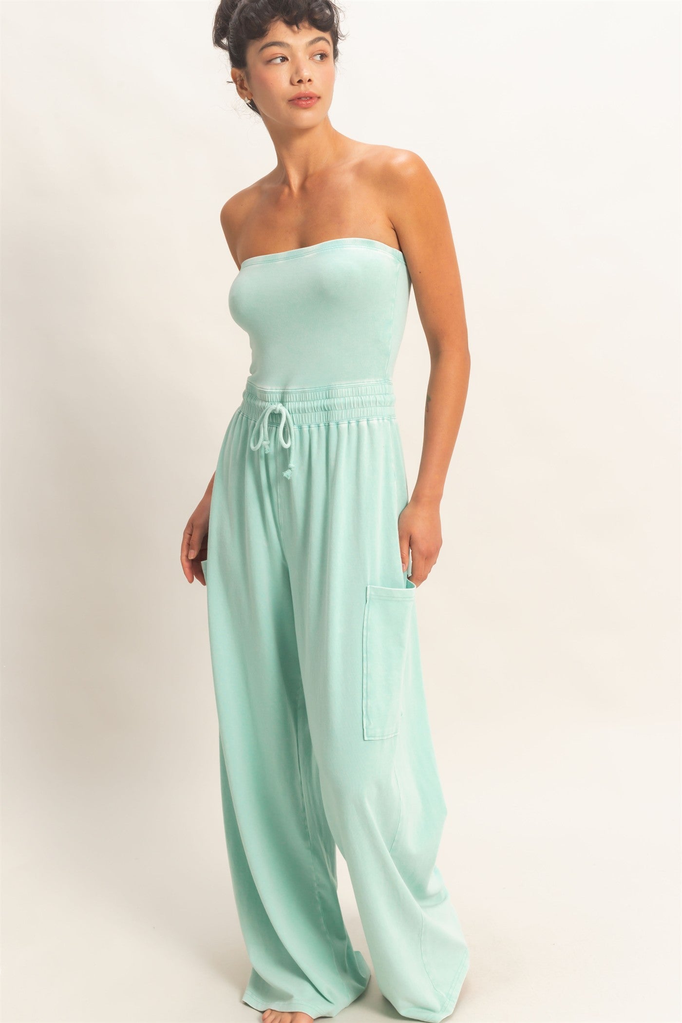 Wholesale Mineral Wash Strapless Wide-Leg Jumpsuit Clothing DZ26C376 TURQUOISE DOUBLE ZERO