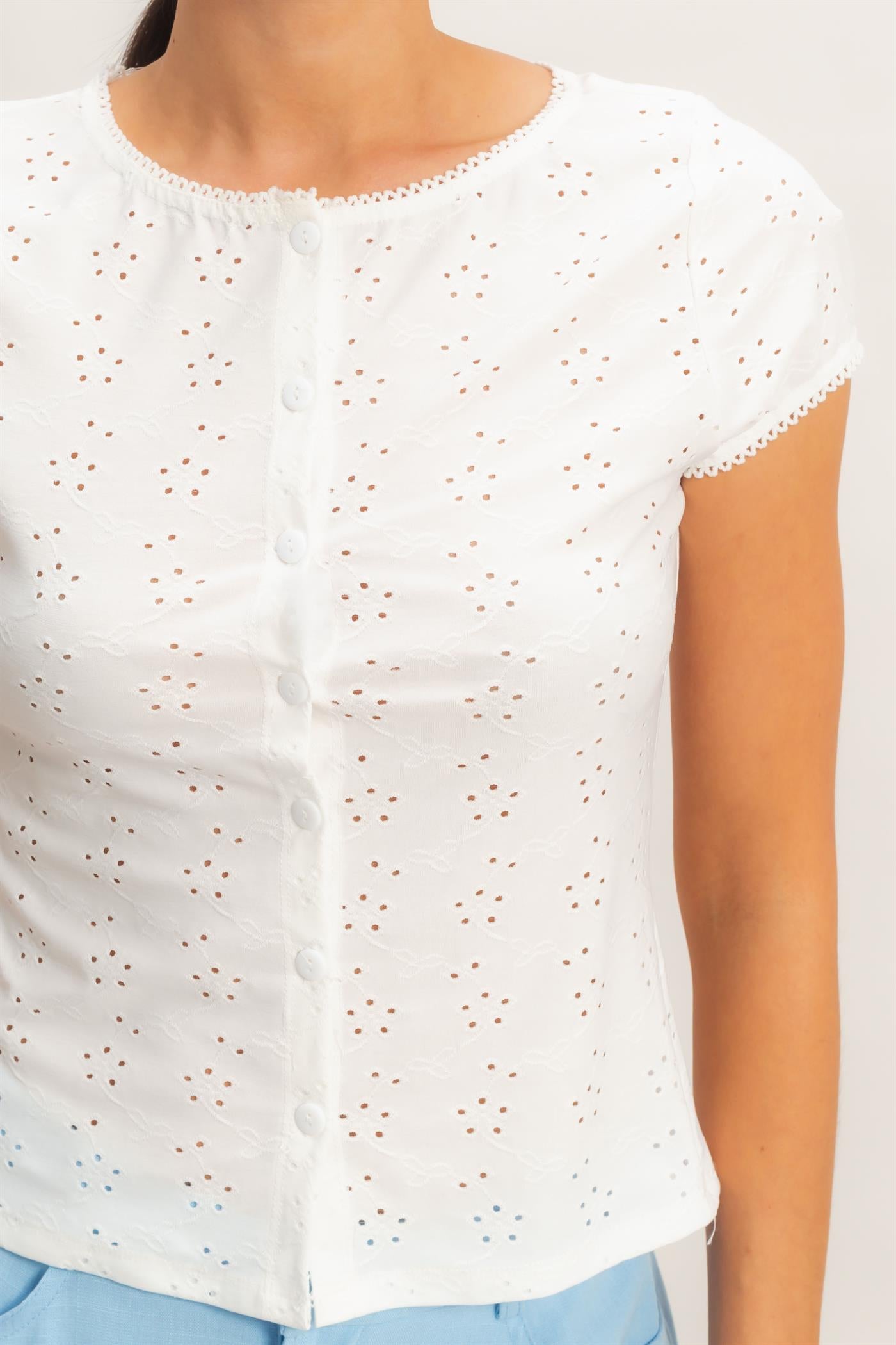 Wholesale Eyelet Button Front Knit Top Clothing Tops HF26C094 OFF WHITE HYFVE