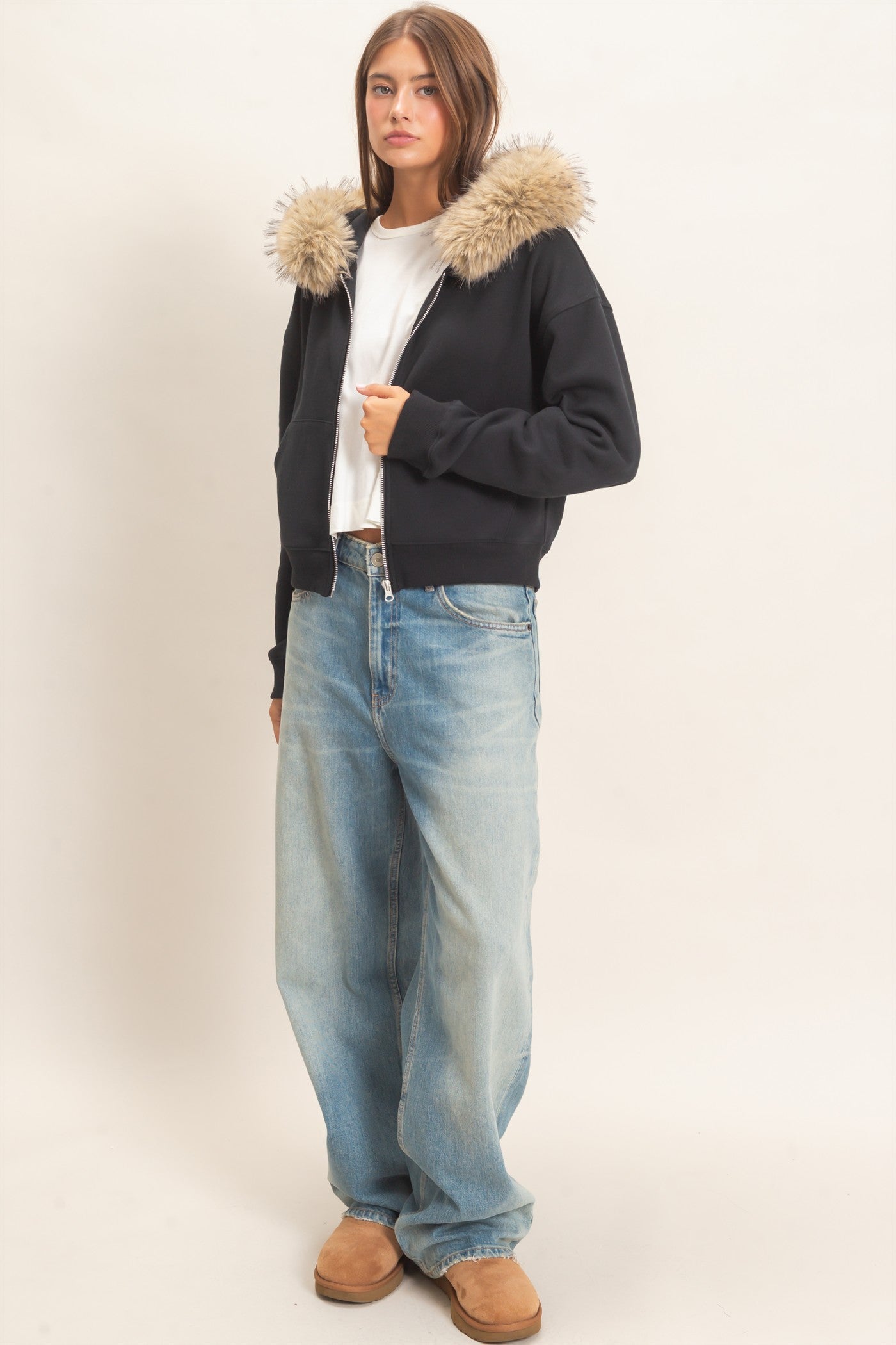 Wholesale Detachable Fur Zip Up Hoodie Hoodies DZ26F396 BLACK DOUBLE ZERO