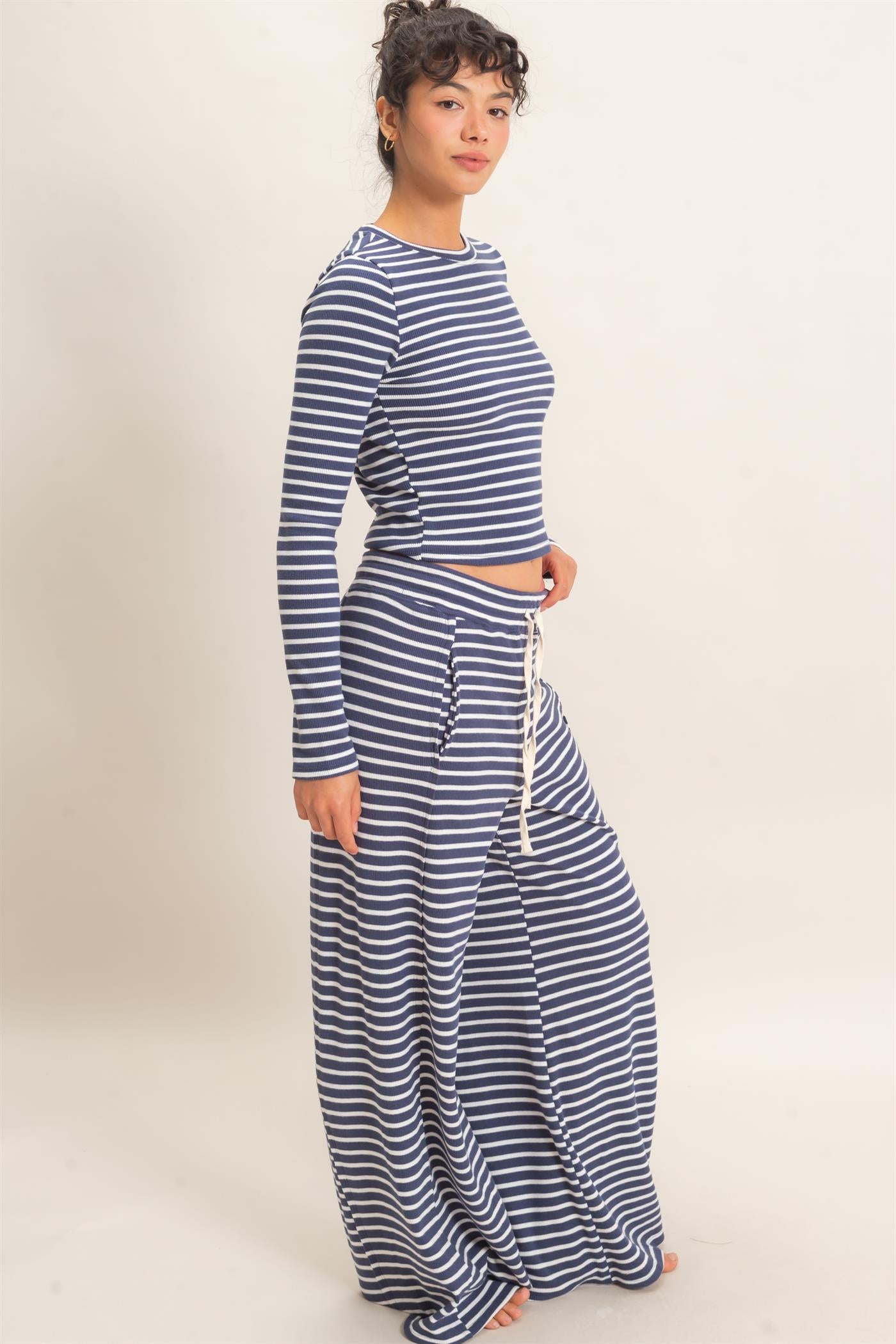 Wholesale Striped Waffle Long Sleeve Top & Pants Set Clothing DZ25F479-SET NAVY DOUBLE ZERO