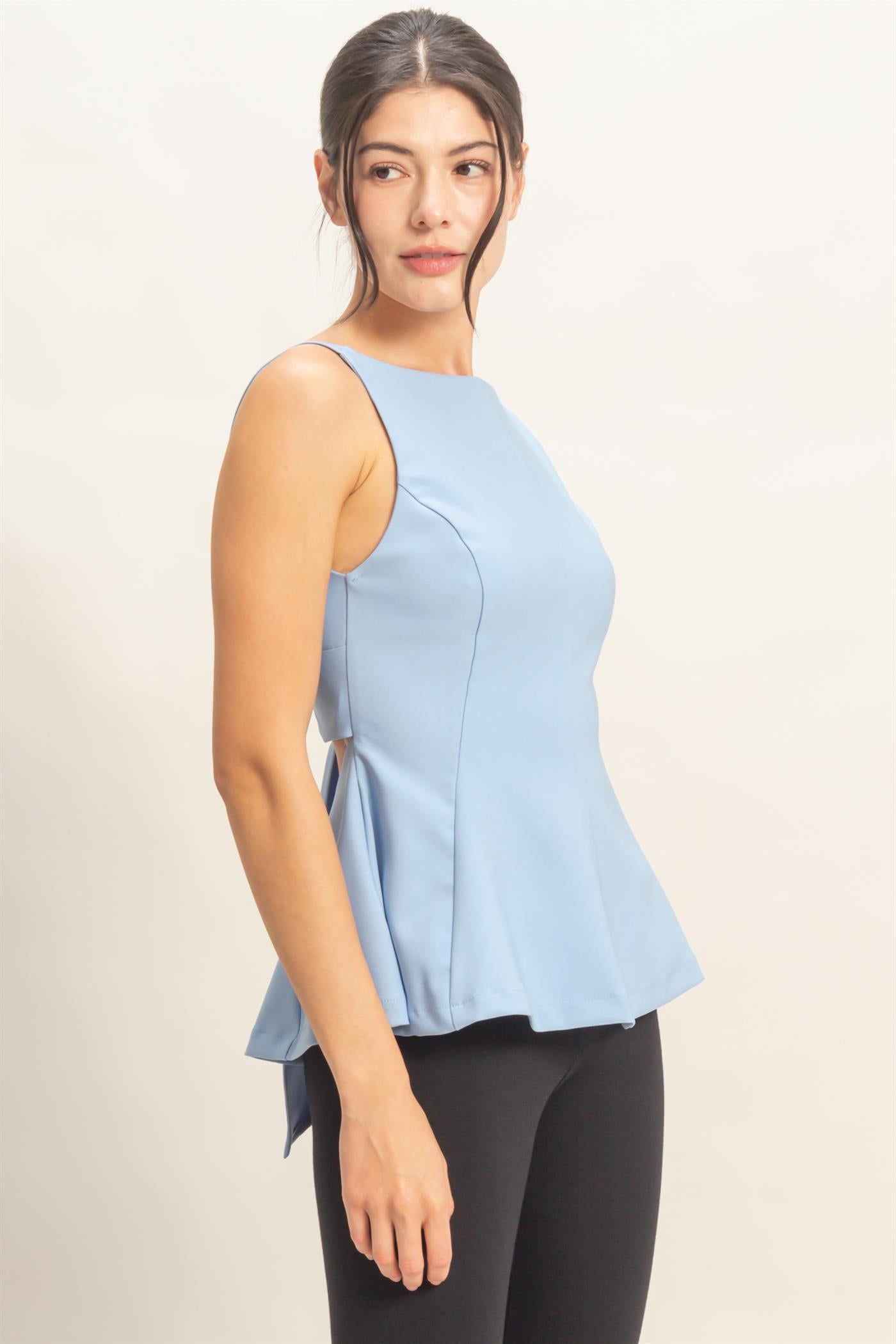 Wholesale Sleeveless Open Back Peplum Top Clothing Tops HF26A292 BLUE HYFVE