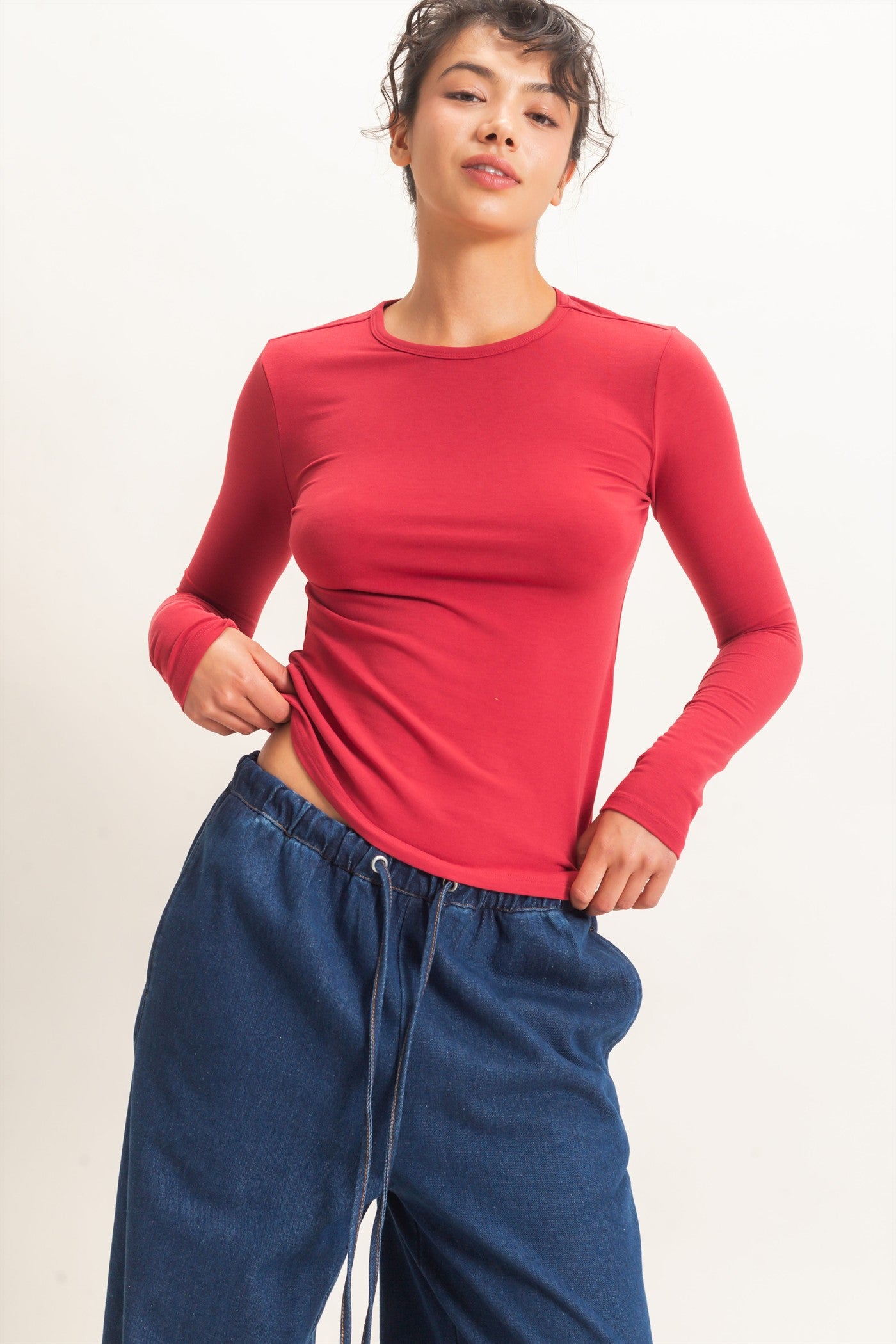Wholesale Crew Neck Long Sleeve Top Clothing Tops DZ26E258 DARK RED DOUBLE ZERO