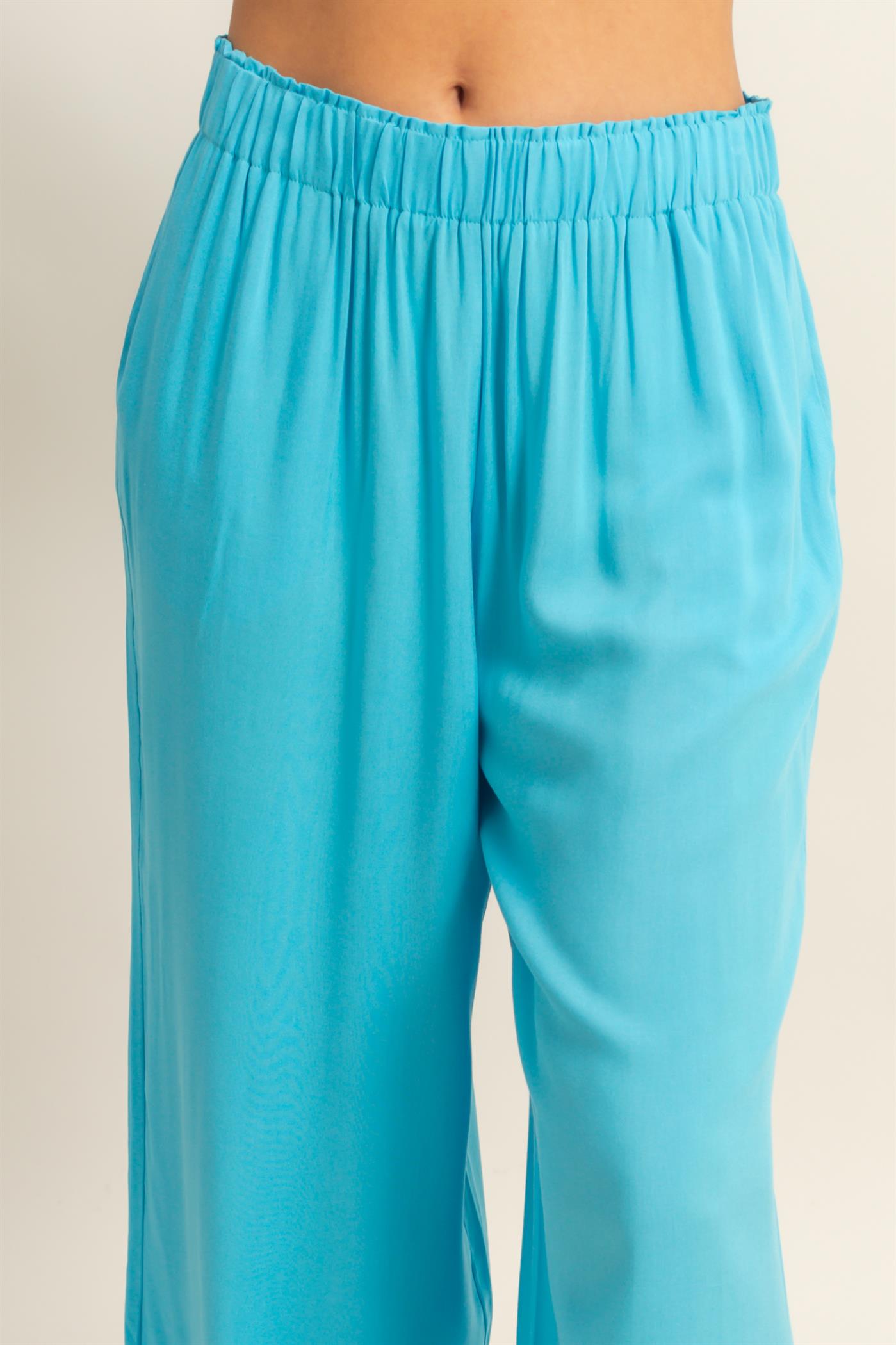 Wholesale High Waist Woven Wide Leg Pants Pants DZ25C192 AQUA BLUE DOUBLE ZERO