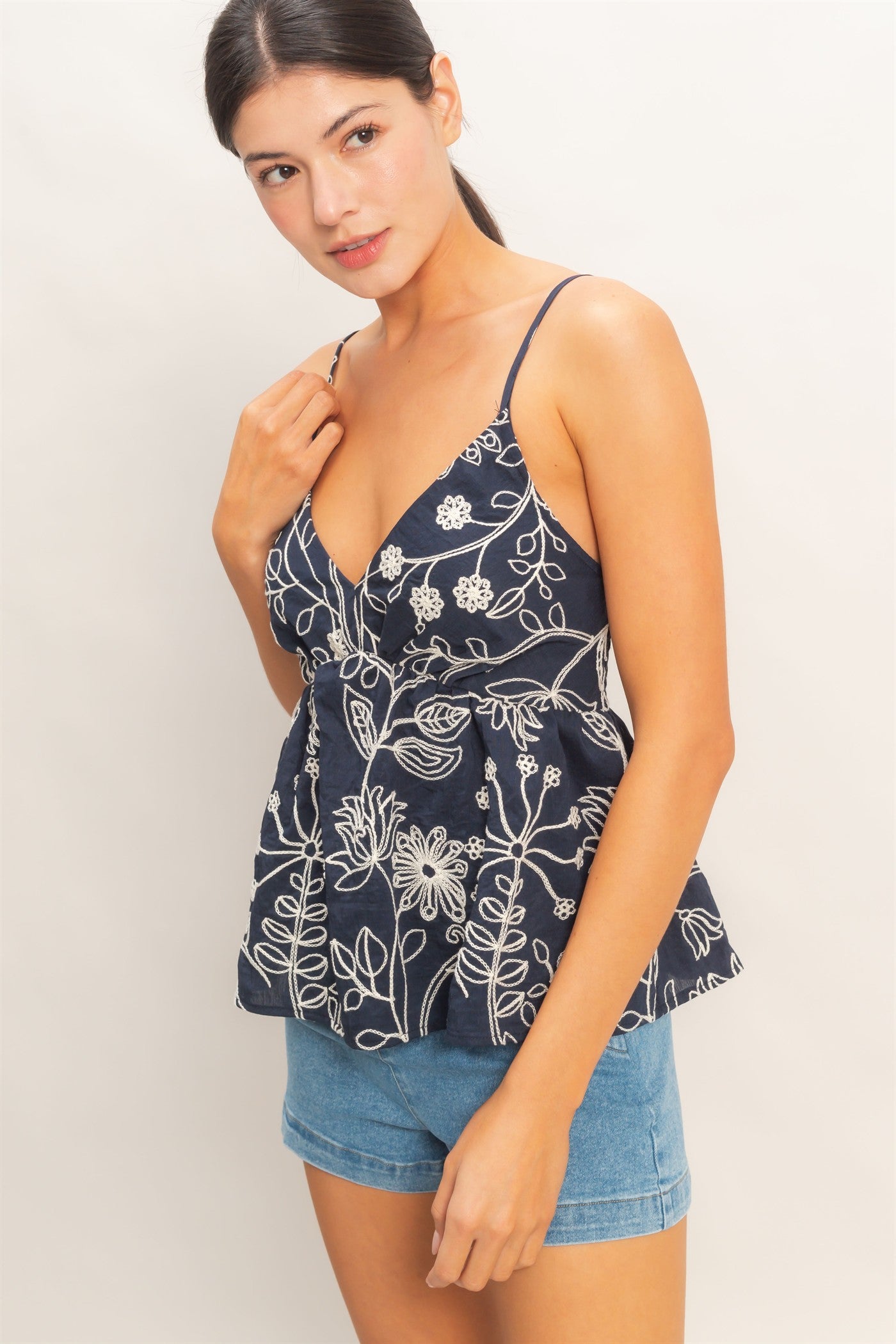 Wholesale Embroidered V-Neck Smocked Top Clothing Tops HF26E390-D NAVY HYFVE