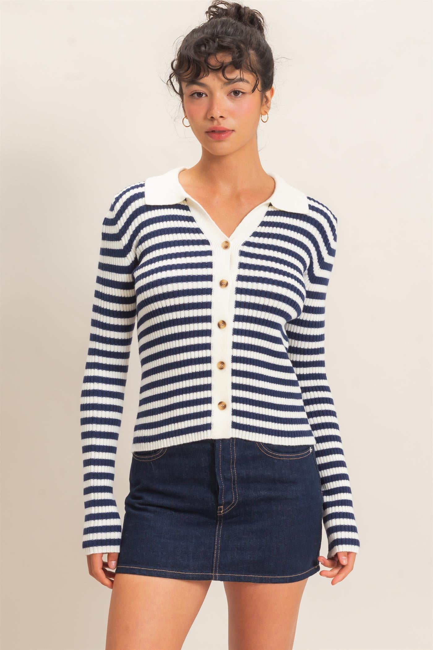Wholesale Ribbed Striped Polo Knit Top Clothing Tops DZ26E099 NAVY DOUBLE ZERO