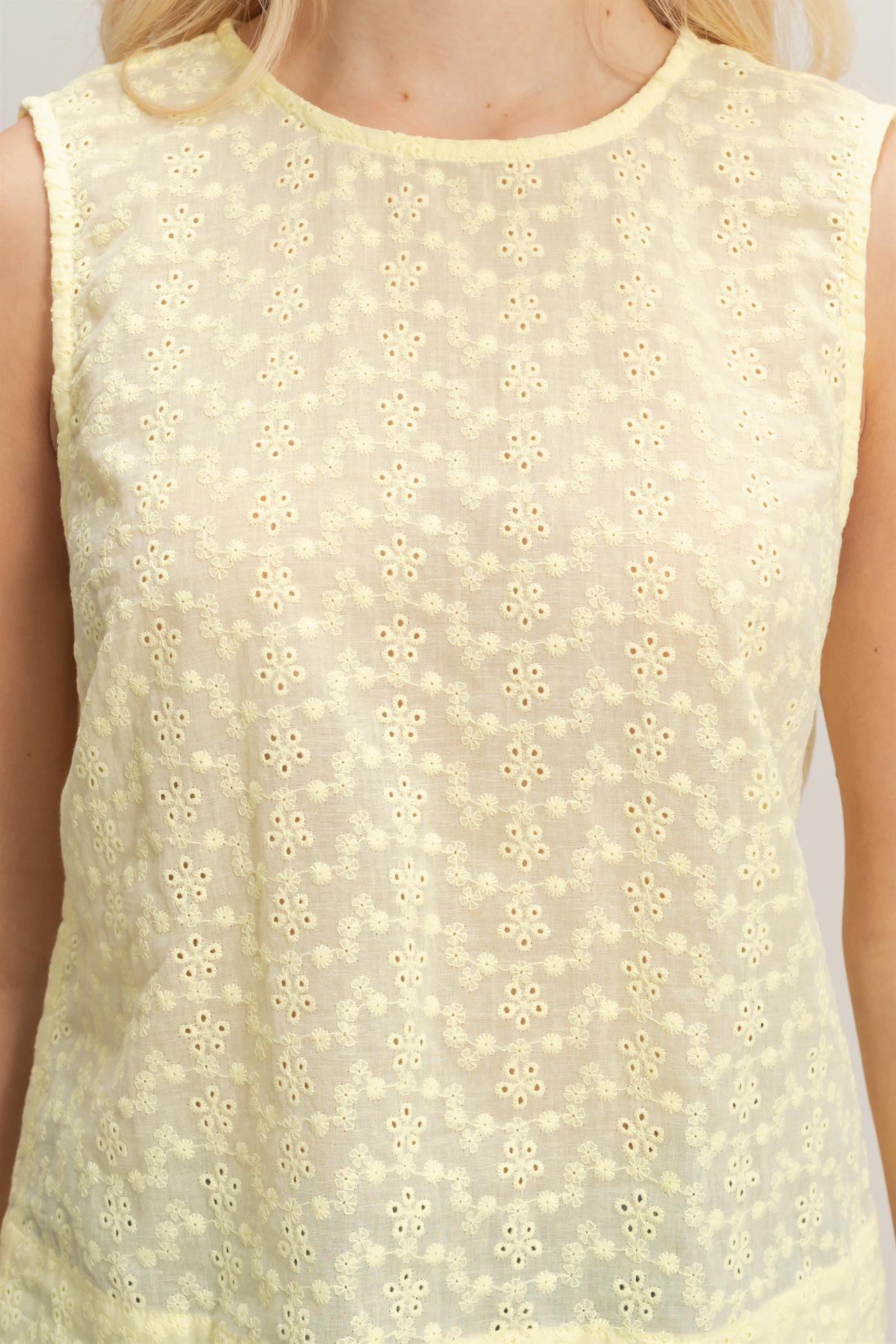 Wholesale Eyelet Sleeveless Top With Back Buttons Clothing Tops DZ26C541 PALE YELLOW DOUBLE ZERO