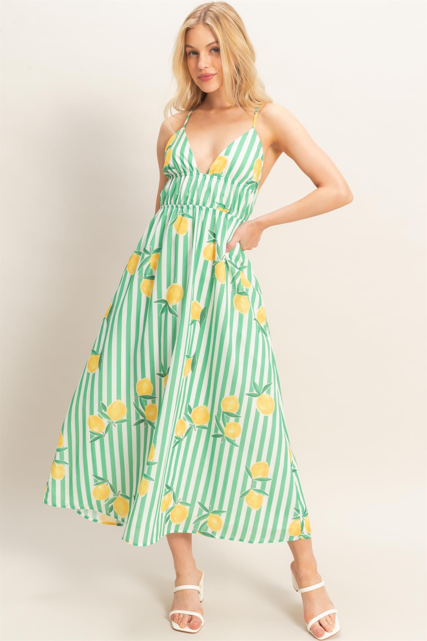 Wholesale Striped Lemon Print Midi Dress Dresses HF26C269 GREEN HYFVE