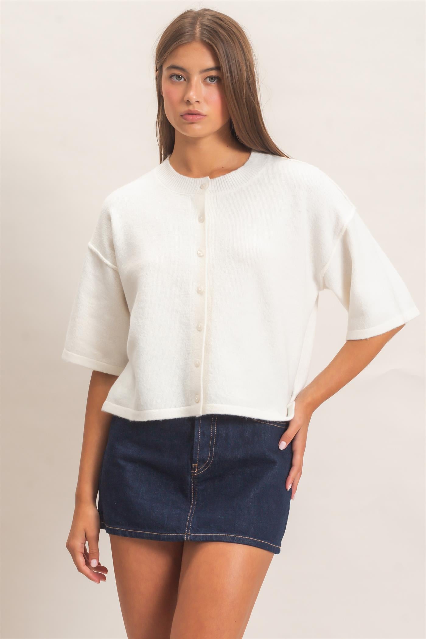 Wholesale Drop Shoulder Short Sleeve Cardigan Cardigans DZ26E238 WHIP CREAM DOUBLE ZERO
