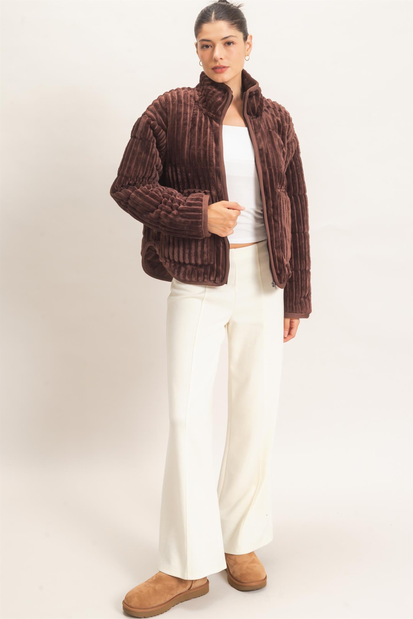 Wholesale Quilted Corduroy Zip-Up Jacket Coats & Jackets HF26E753 CHOCOLATE HYFVE