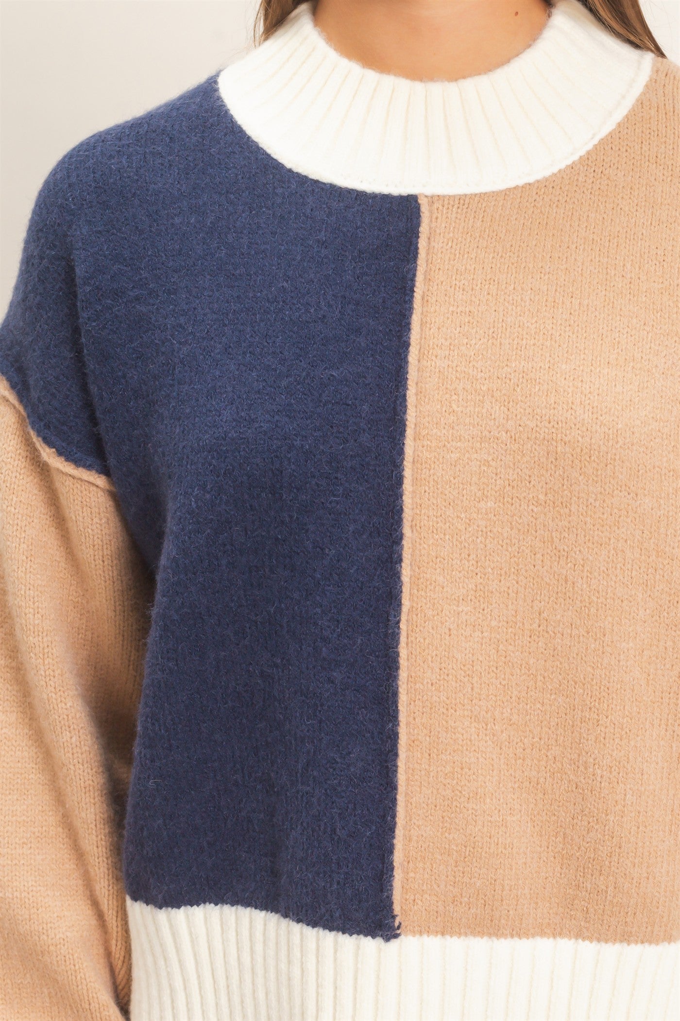 Wholesale Color Block Mock Neck Sweater Sweaters DZ27A211 NAVY DOUBLE ZERO