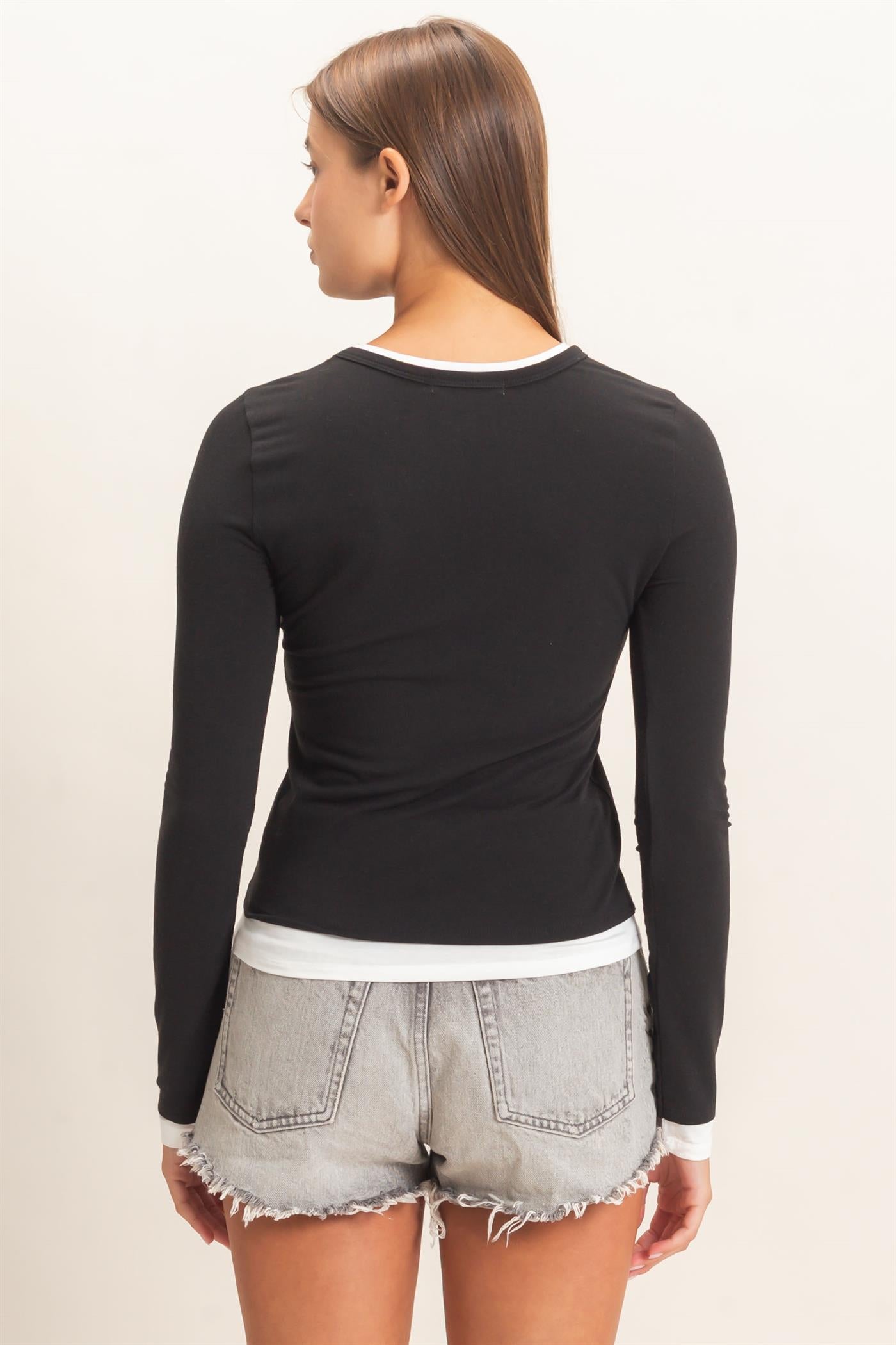 Wholesale Layered Effect Long Sleeve Top Clothing Tops DZ26F341 BLACK DOUBLE ZERO