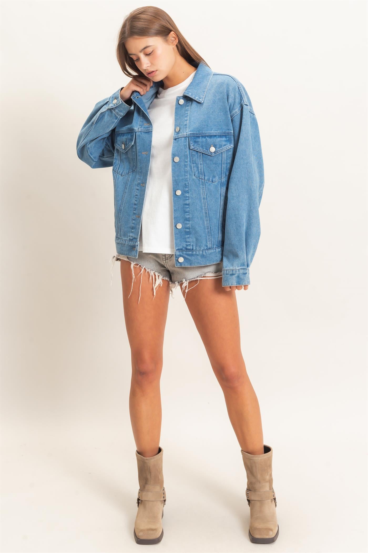 Wholesale Oversized Denim Trucker Jacket Coats & Jackets DZ26E804 MEDIUM BLUE DOUBLE ZERO