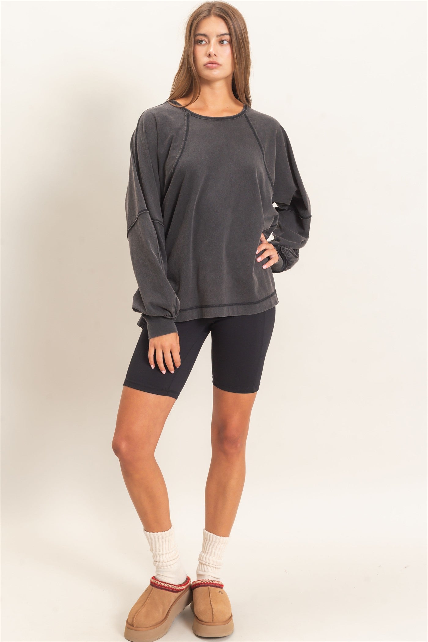 Wholesale Raglan Sleeve Snow Wash Top Shirts DZ26E945 BLACK DOUBLE ZERO