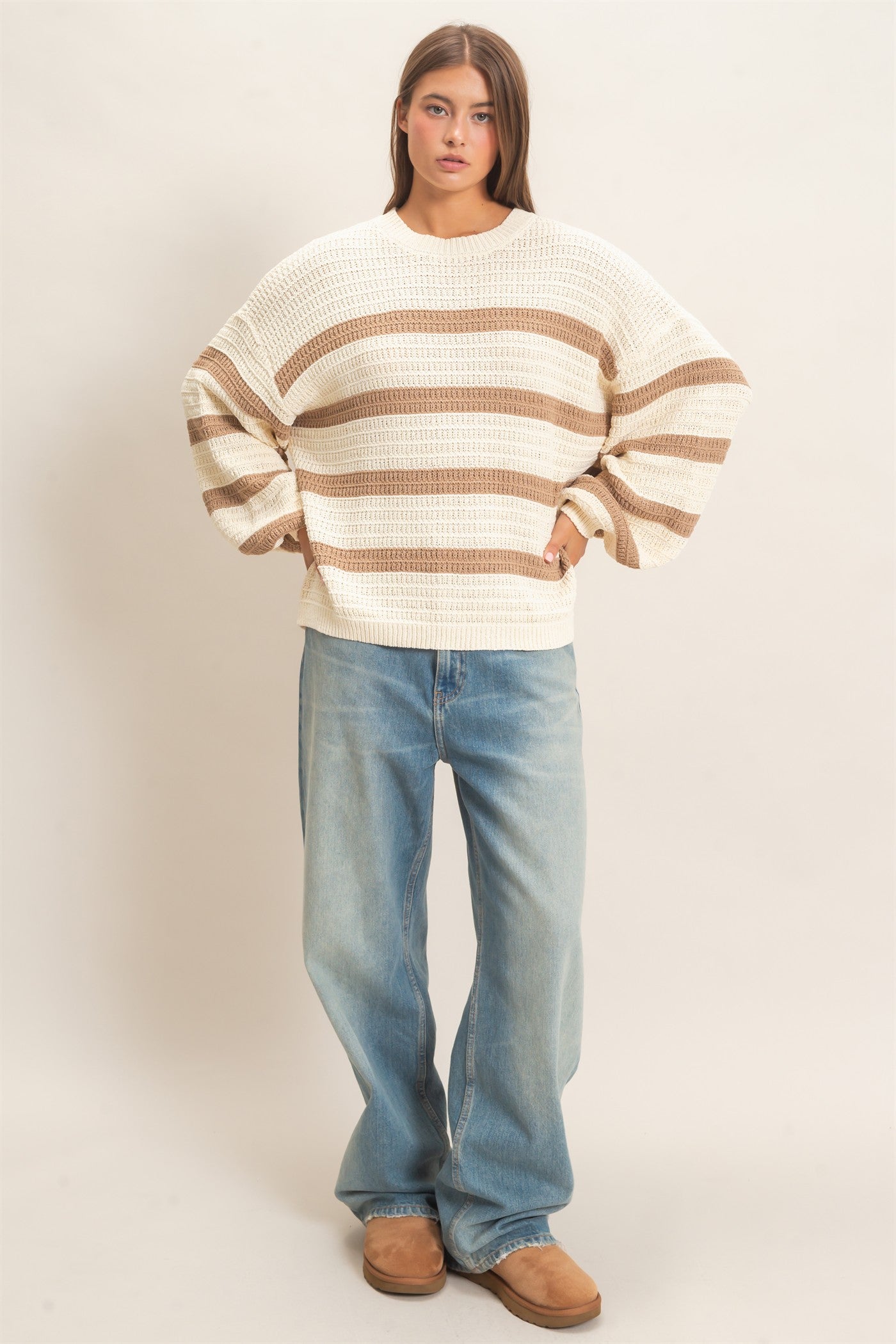 Wholesale Striped Oversized Sweater Sweaters DZ27A192 TAUPE DOUBLE ZERO