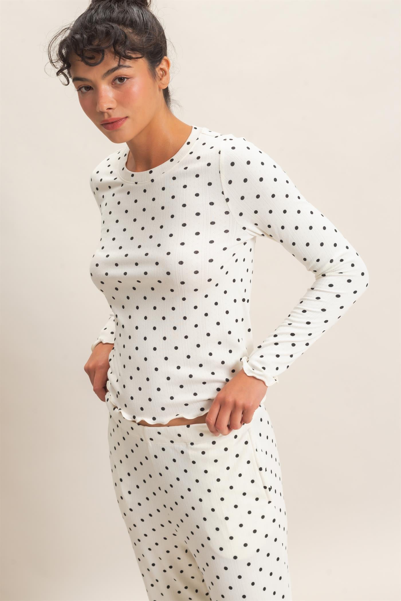 Wholesale Polka Dot Long Sleeve Top & Pants Set Clothing DZ26E914-SET CREAM DOUBLE ZERO