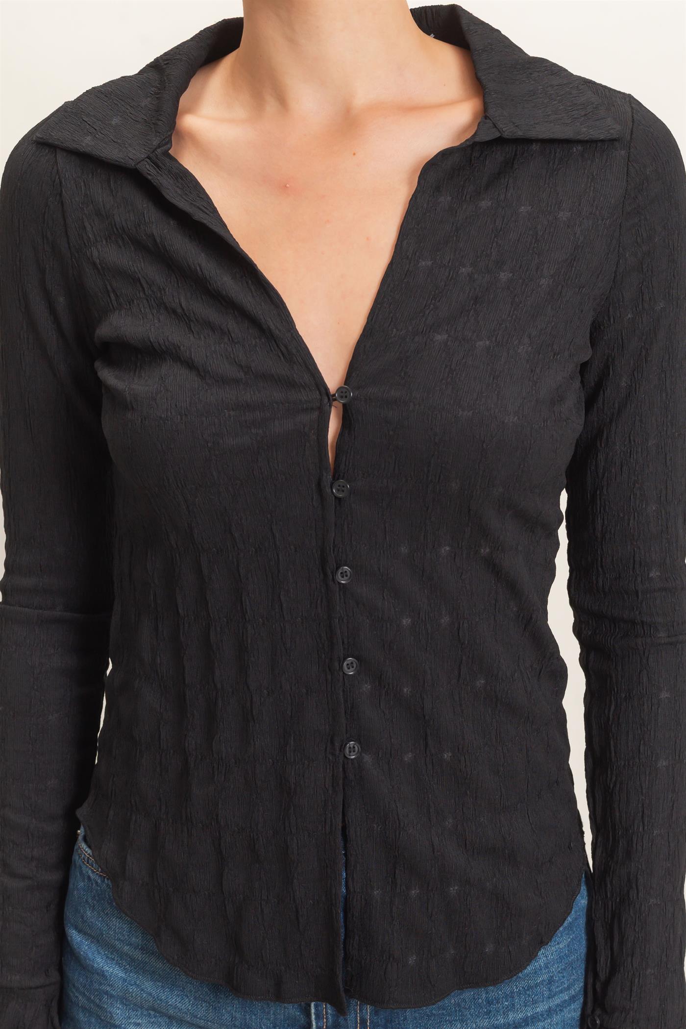 Wholesale Textured Button-Up Collared Top Shirts HF26E062 BLACK HYFVE