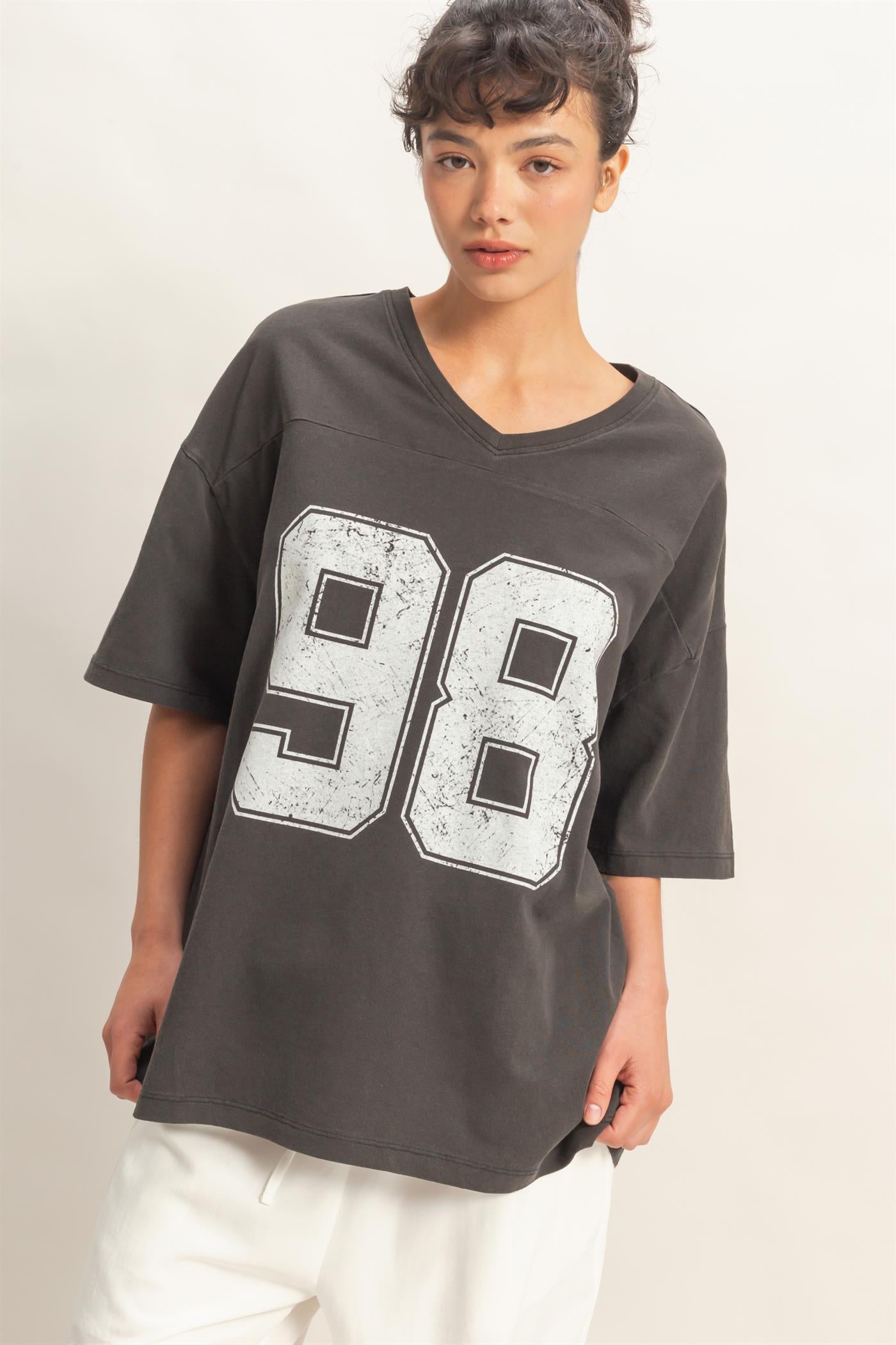 Wholesale Oversized Varsity Style V-Neck Graphic T-Shirt T-Shirts DZ26C200 BLACK DOUBLE ZERO